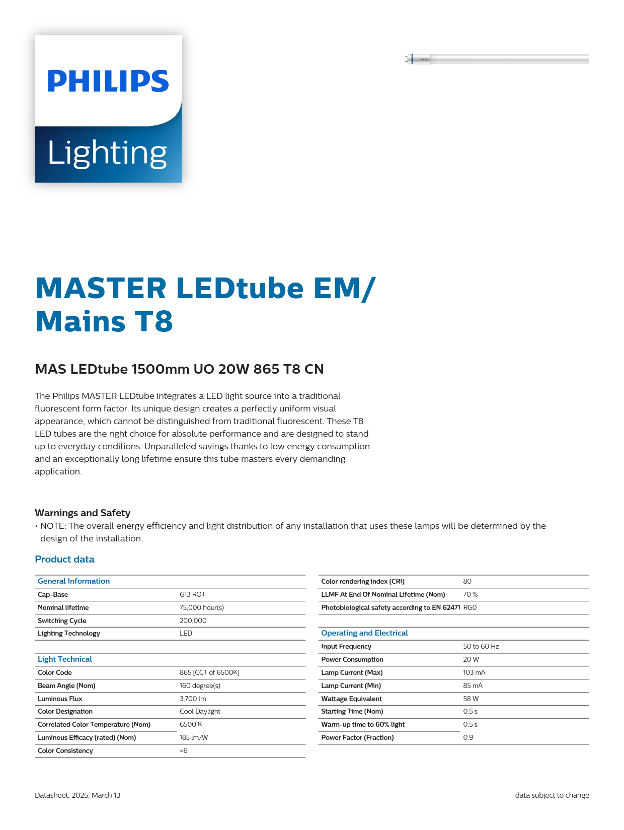 PHILIPS MASTER LEDtube 1500mm UO 20W 865 T8 CN 929004242310