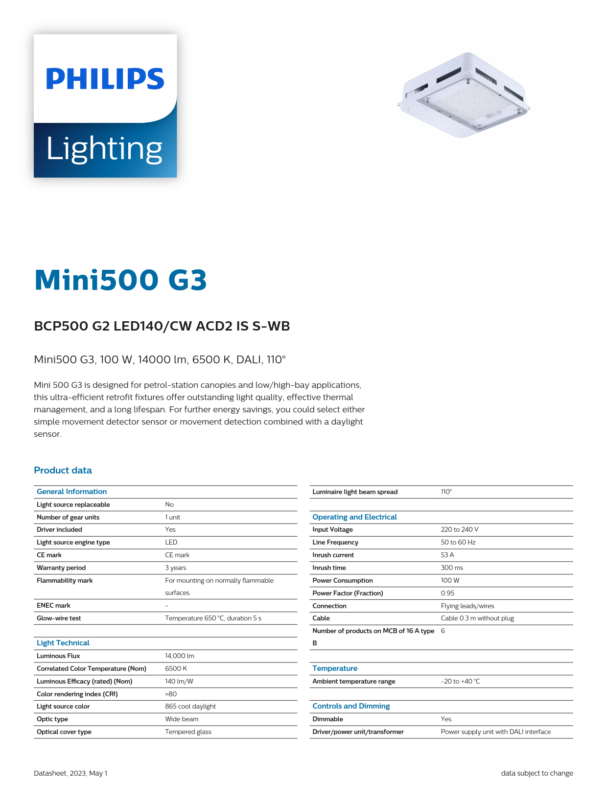PHILIPS GAS STATION BCP500 G2 LED140/CW ACD2 IS S-WB 911401535651