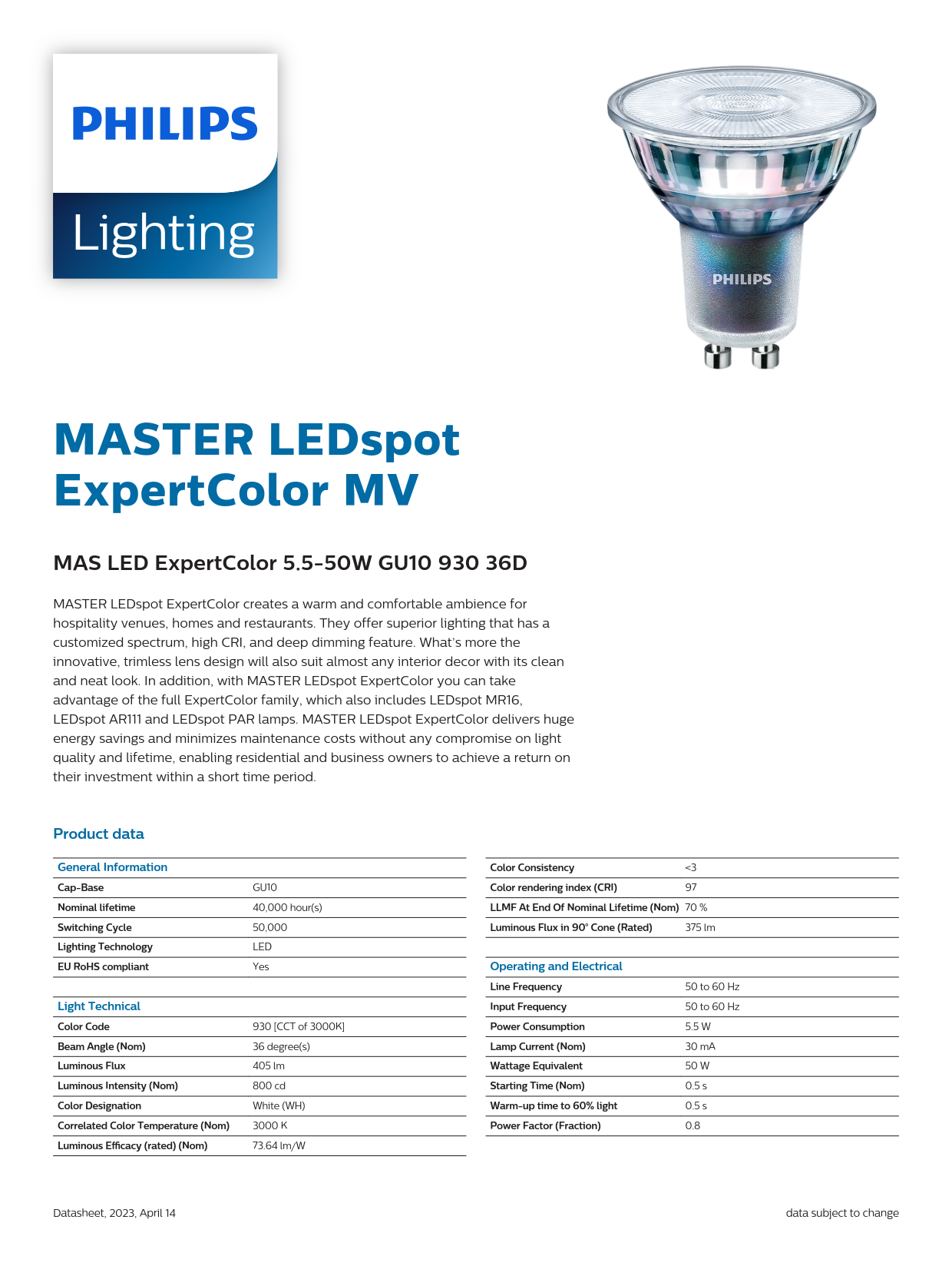 PHILIPS MASTER LED ExpertColor 5.5-50W GU10 927 36D 929001347308