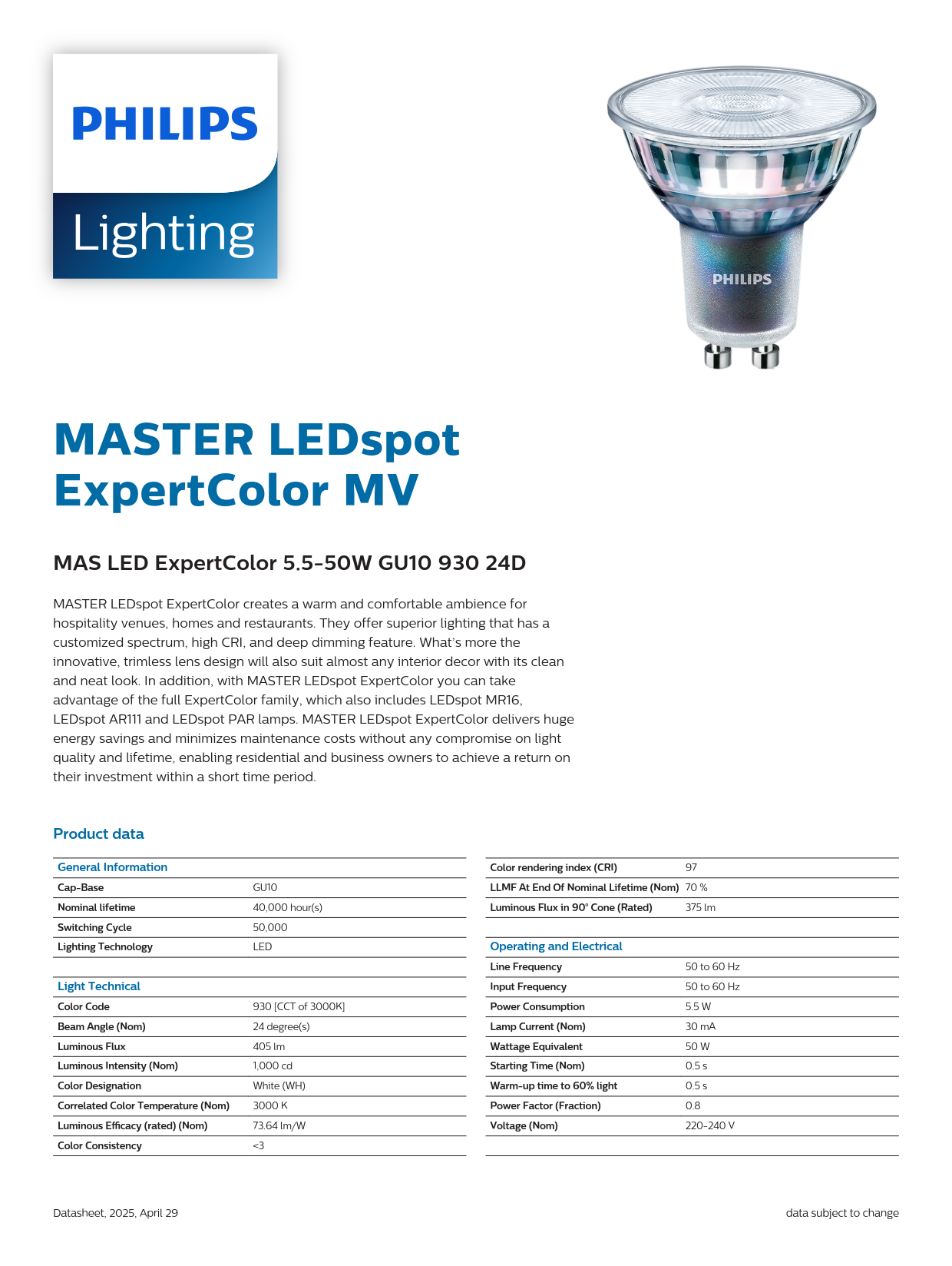 PHILIPS MASTER LED ExpertColor 5.5-50W GU10 930 24D 929001347108