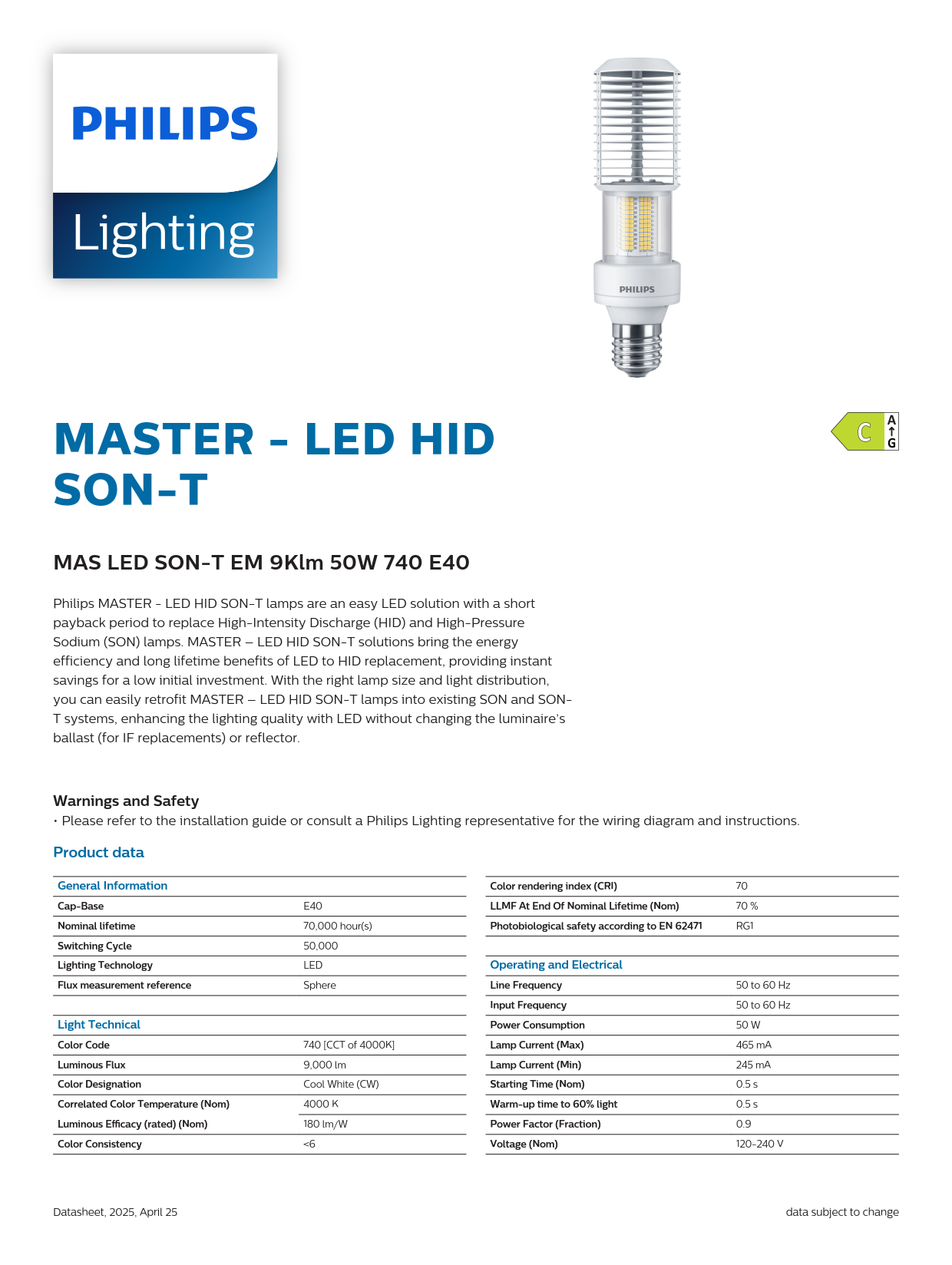 PHILIPS LED street light source MAS LED SON-T EM 9Klm 50W 740 E40 929003468518