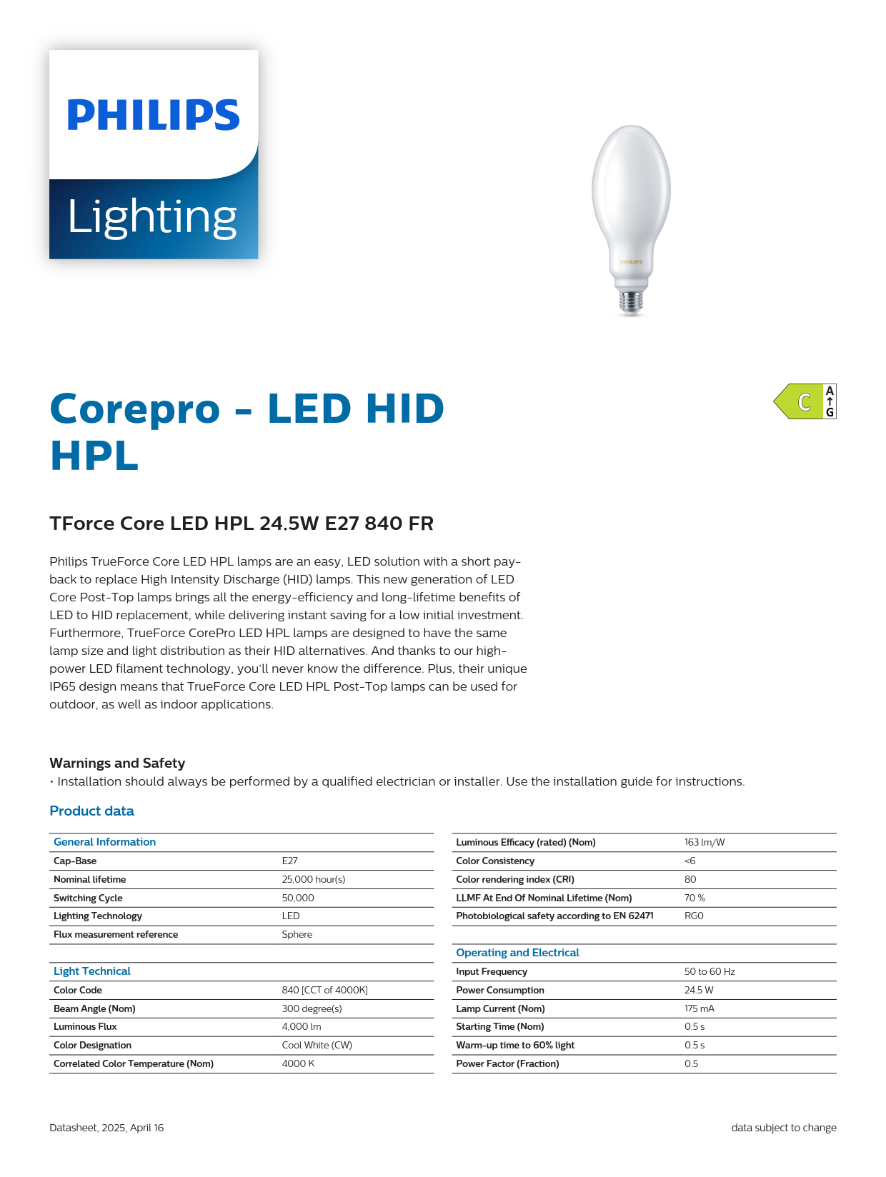 PHILIPS TForce Core LED HPL 24.5W E27 840 FR 929003836602