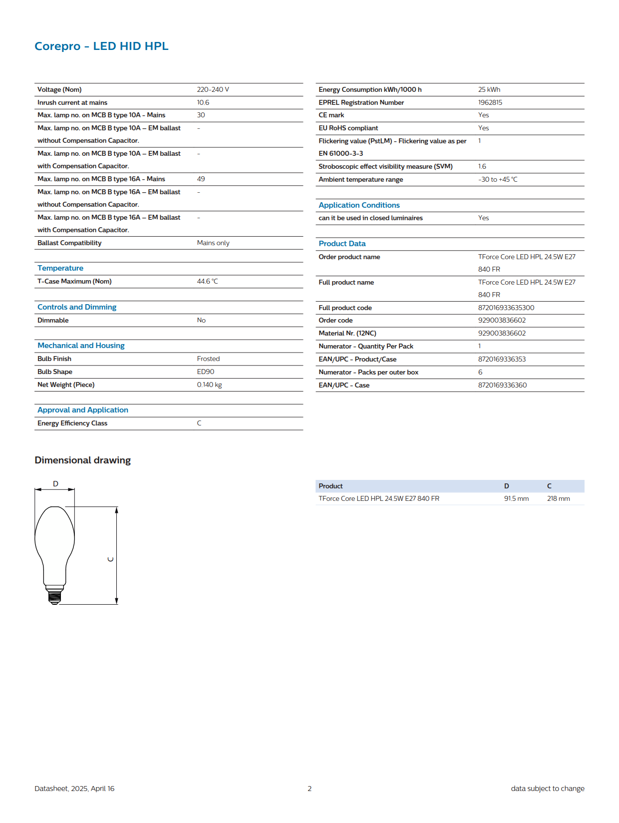 PHILIPS TForce Core LED HPL 24.5W E27 840 FR 929003836602