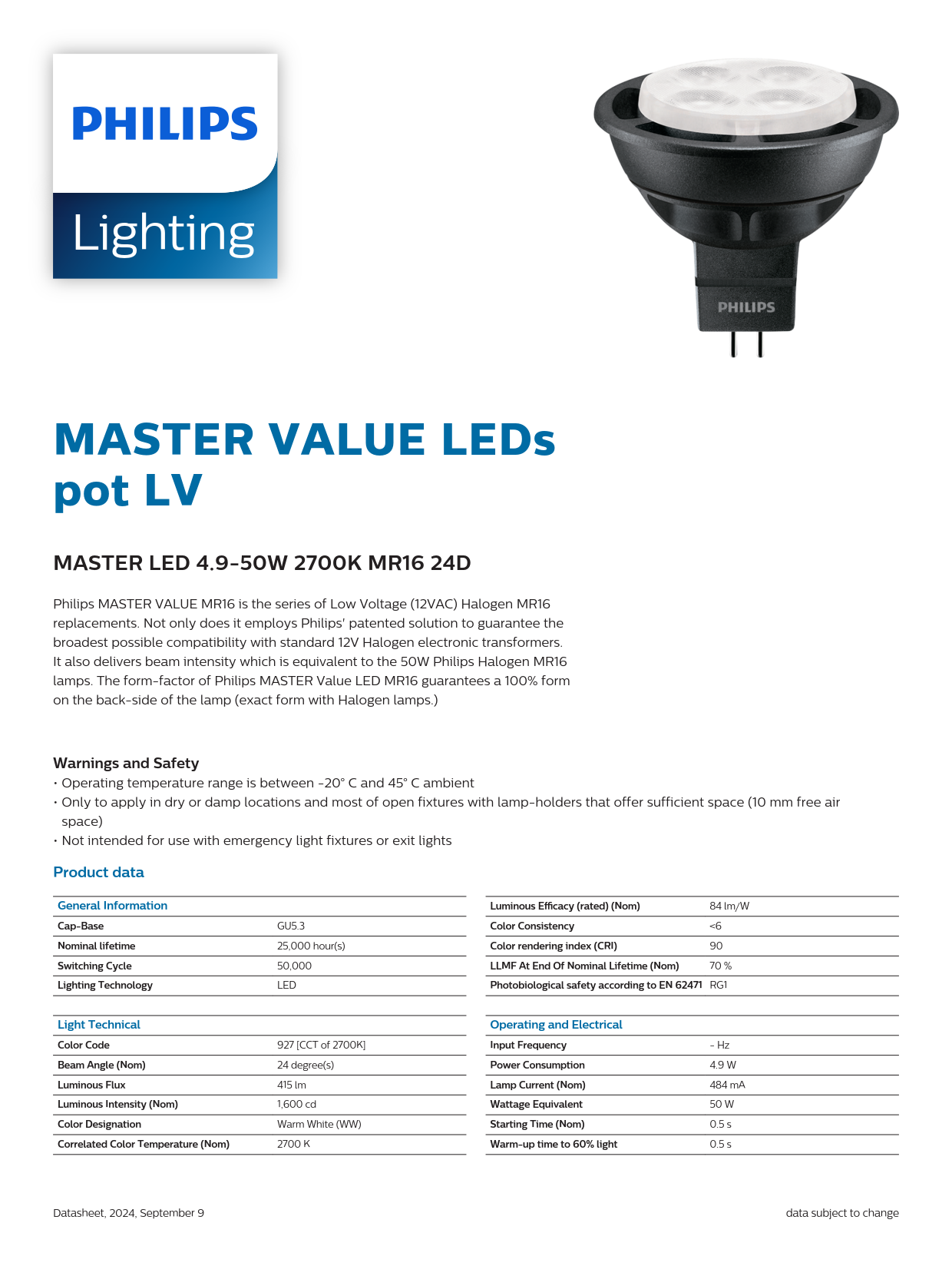 PHILIPS LED SPOTLIGHT MASTER LED 4.9-50W 2700K MR16 24D 929003610610