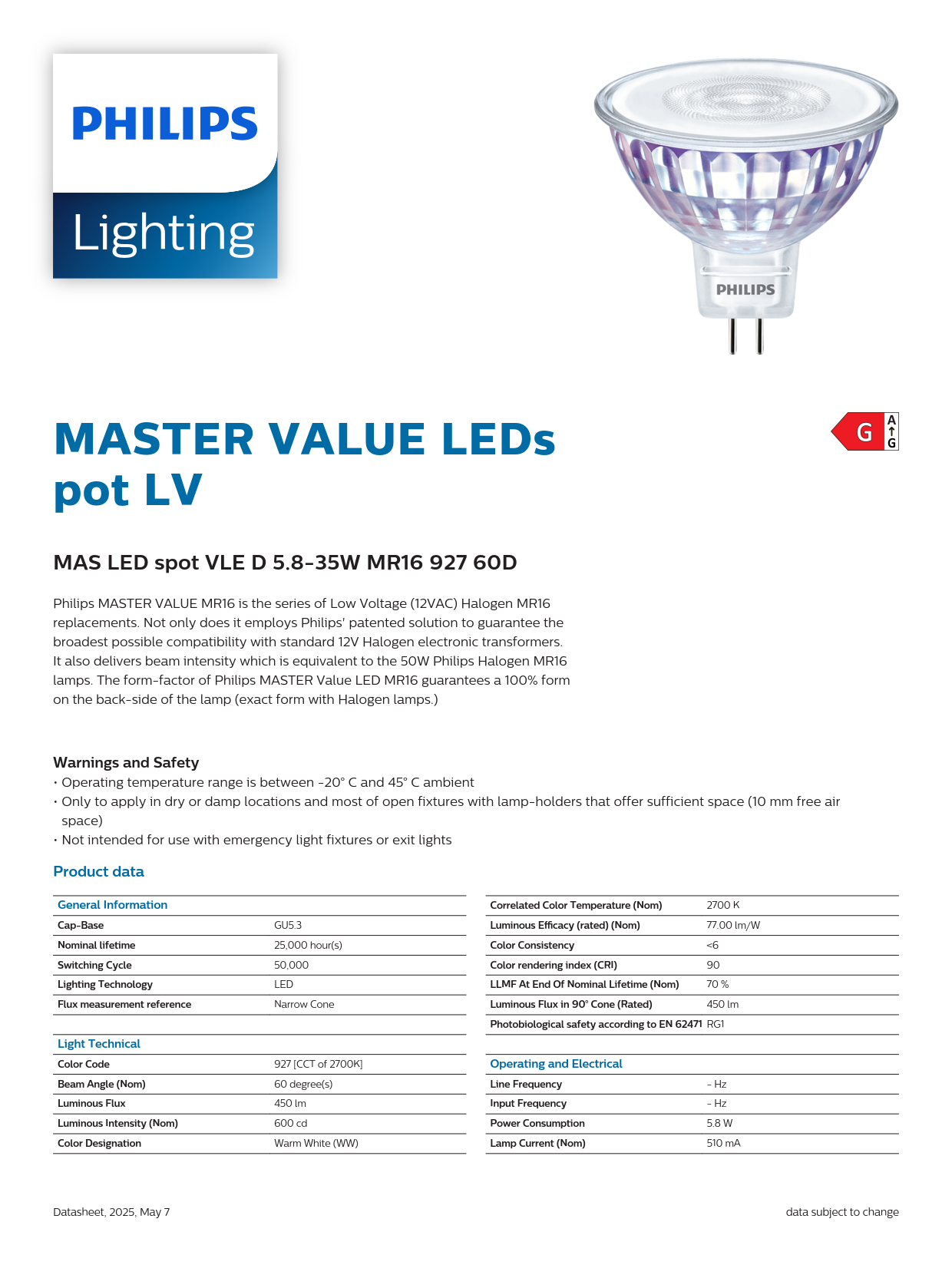 PHILIPS LED SPOTLIGHT MAS LED spot VLE D 5.8-35W MR16 927 60D 929002492802