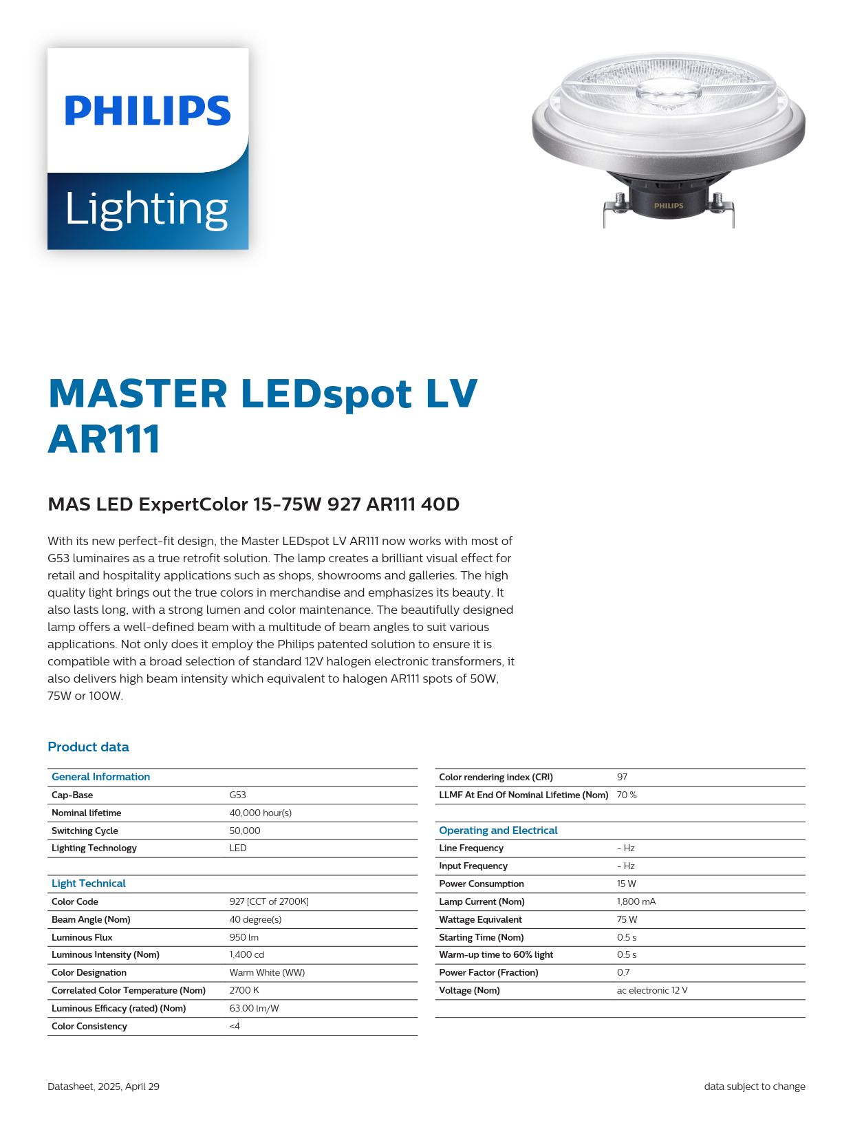 PHILIPS MAS LED ExpertColor 15-75W 927 AR11140D 929002239308