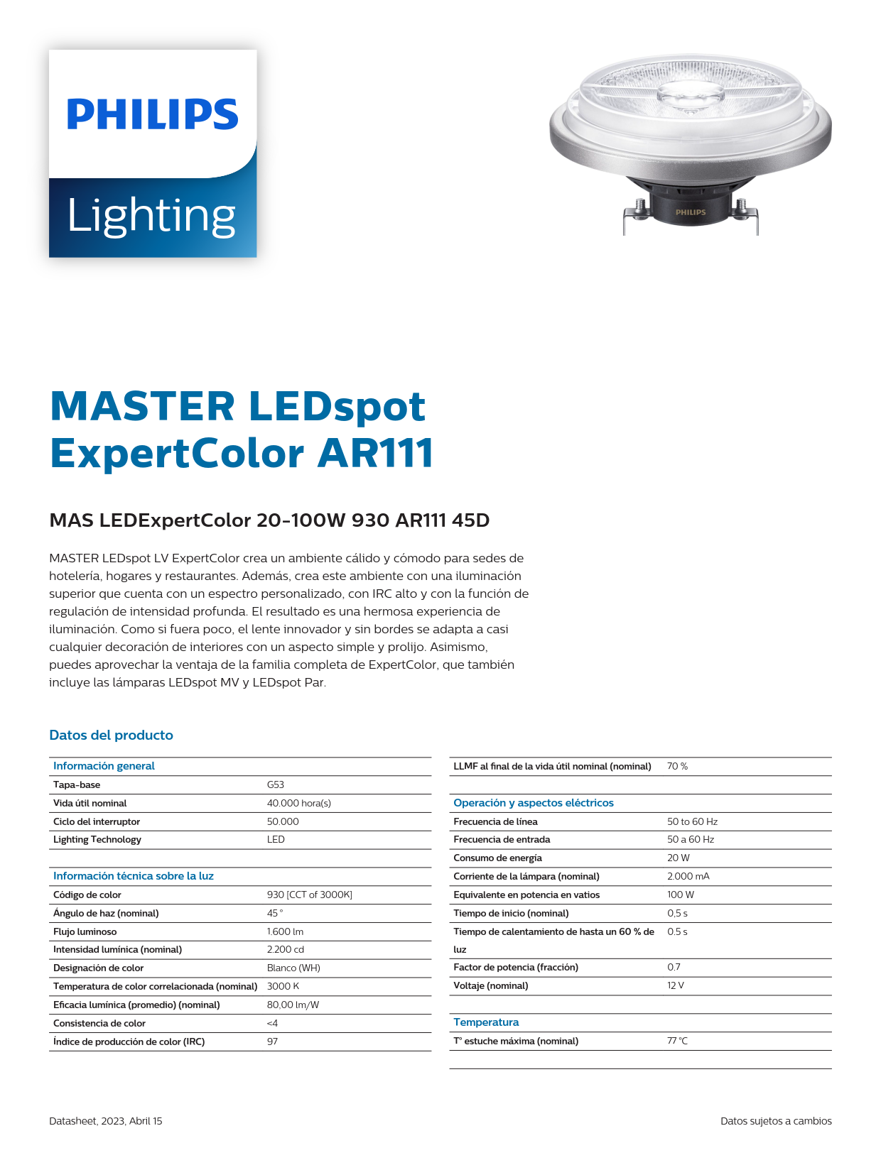 PHILIPS MAS LEDExpertColor 20-100W 930 AR111 45D 929003479008