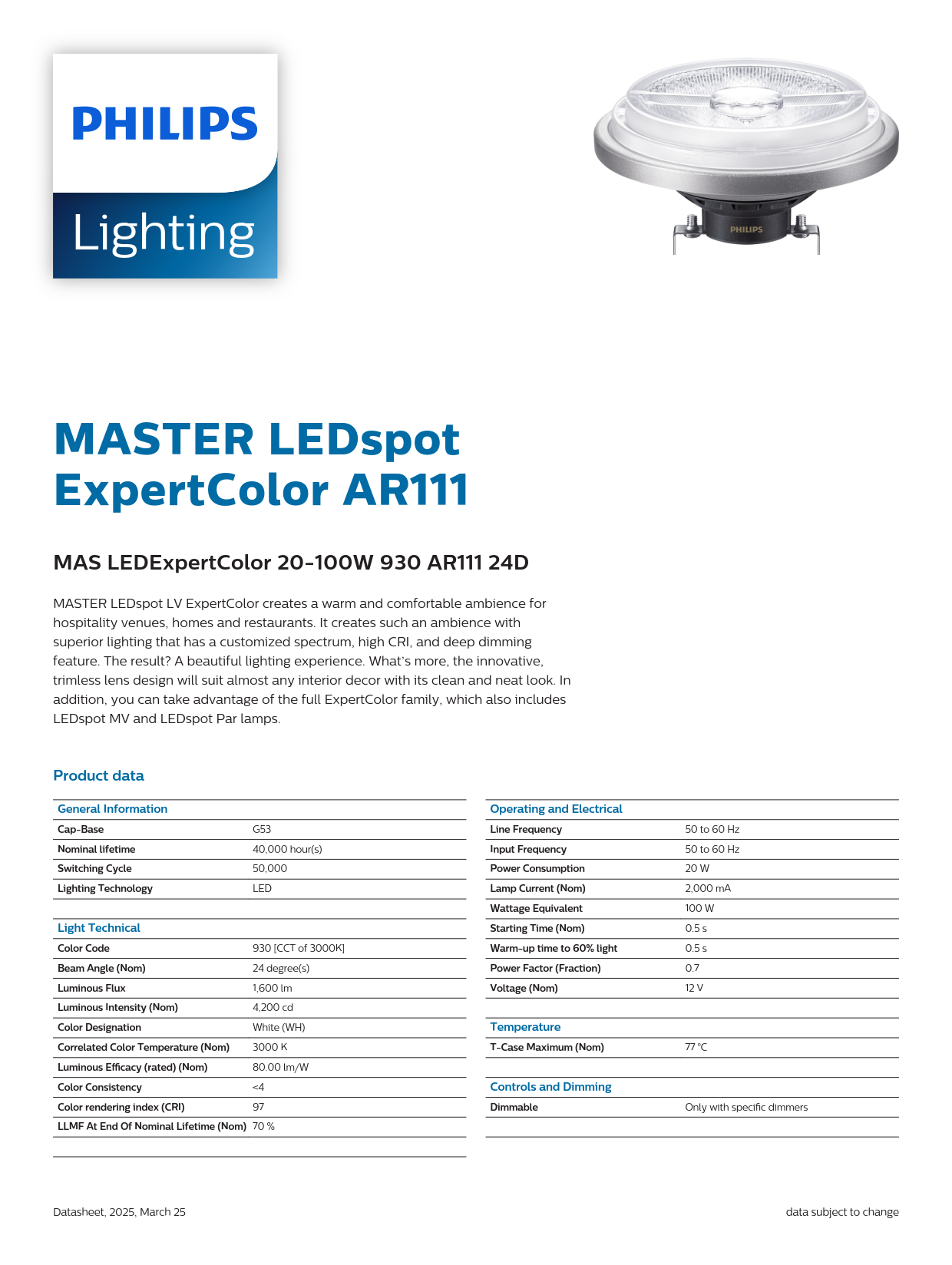 PHILIPS MAS LEDExpertColor 20-100W 930 AR111 24D 929003478708