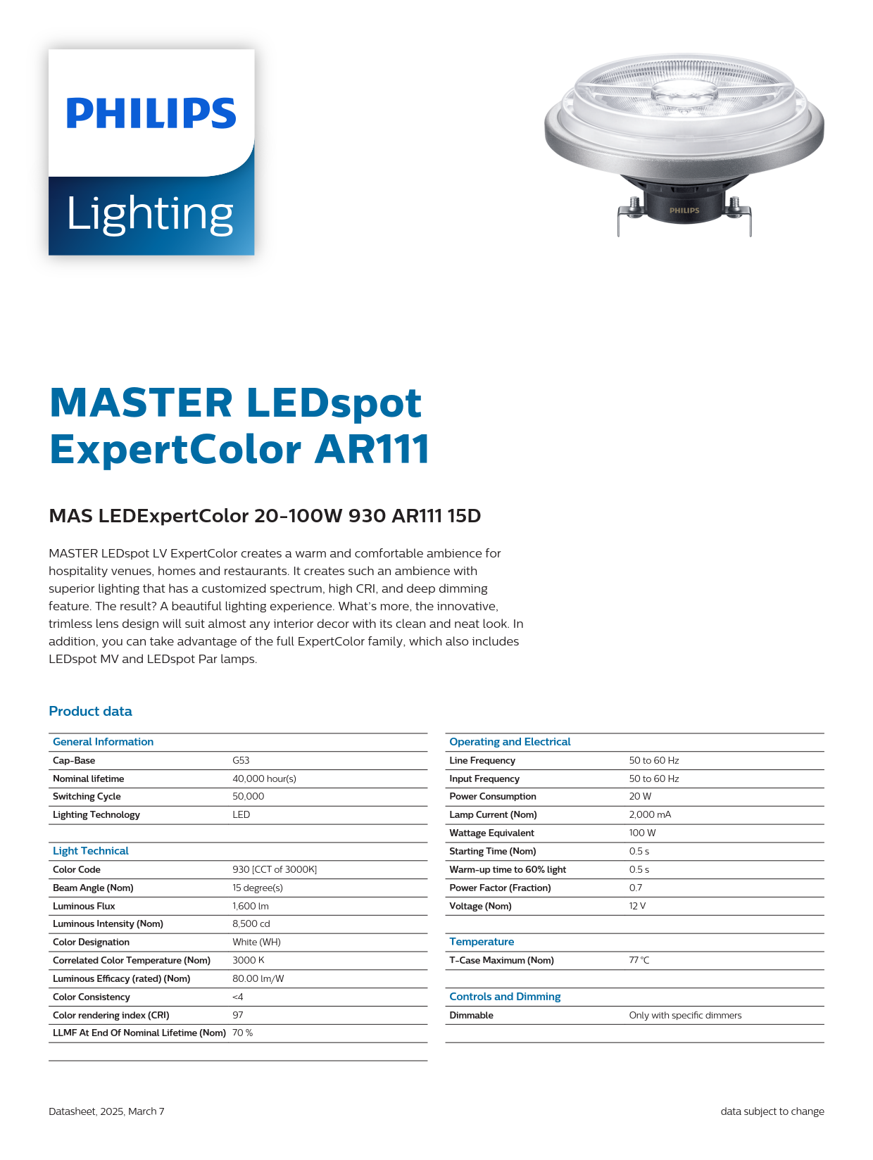 PHILIPS MAS LEDExpertColor 20-100W 930 AR111 15D 929003478408