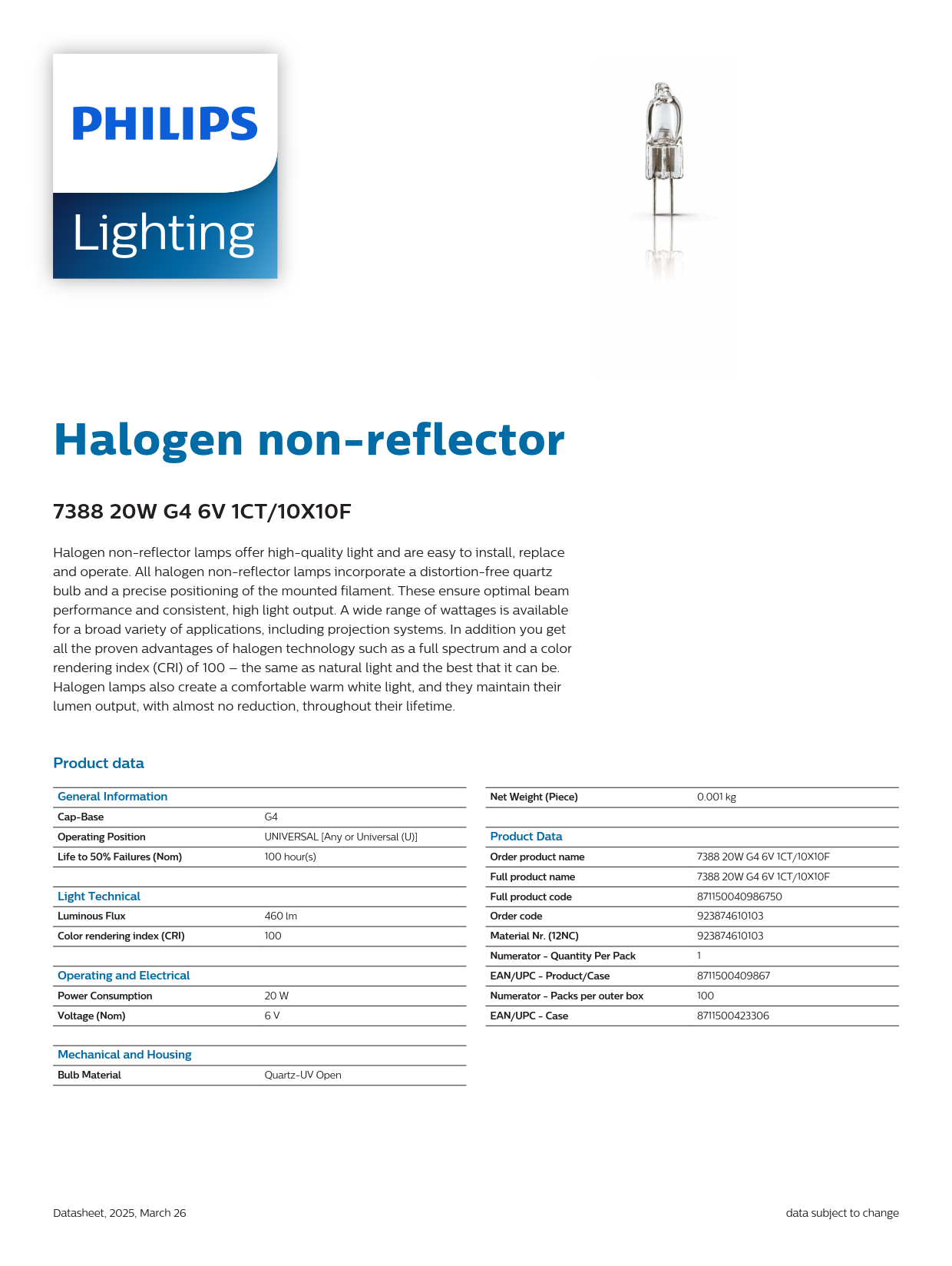 PHILIPS Halogen bulb 7388 20W G4 6V 1CT/10X10F Microscope bulbs Surgical shadowless lamp bulbs 923874610103