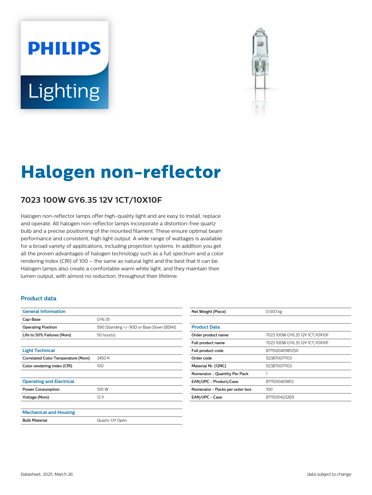 PHILIPS Halogen bulb 7023 100W GY6.35 12V 1CT/10X10F Microscope bulbs Surgical shadowless lamp bulbs 923873910103