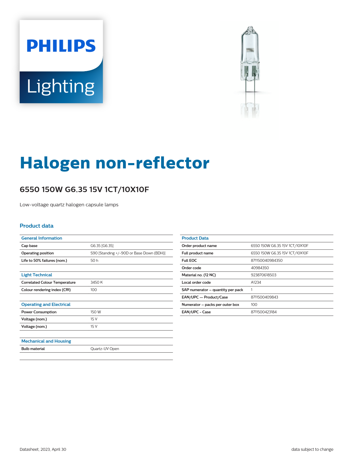 PHILIPS Halogen bulb 6550 150W G6.35 15V 1CT/10X10F Microscope bulbs Surgical shadowless lamp bulbs 923870618503