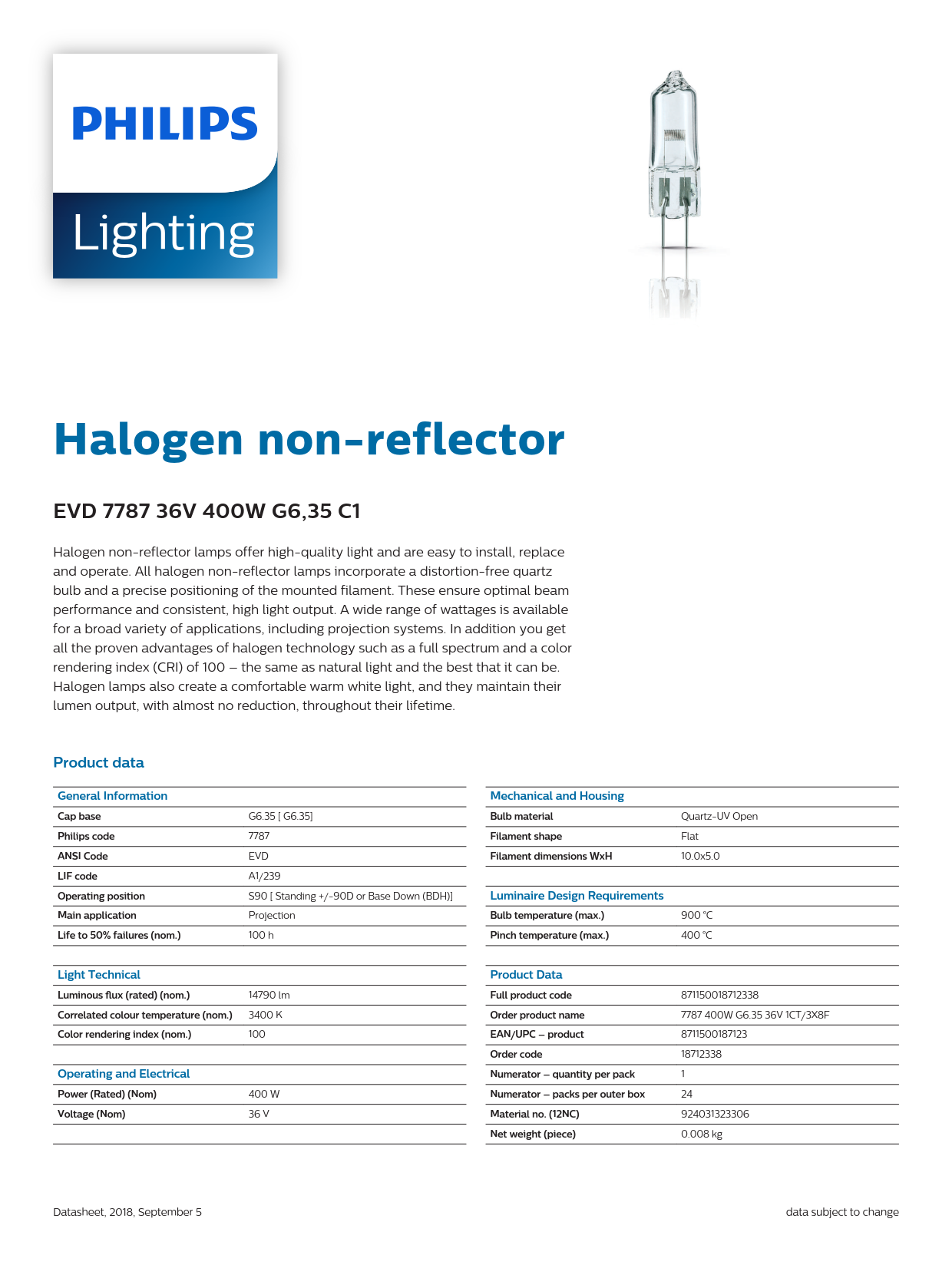 PHILIPS Halogen bulb EVD 7787 36V 400W G6,35 C1Microscope bulbs Surgical shadowless lamp bulbs 924031323306