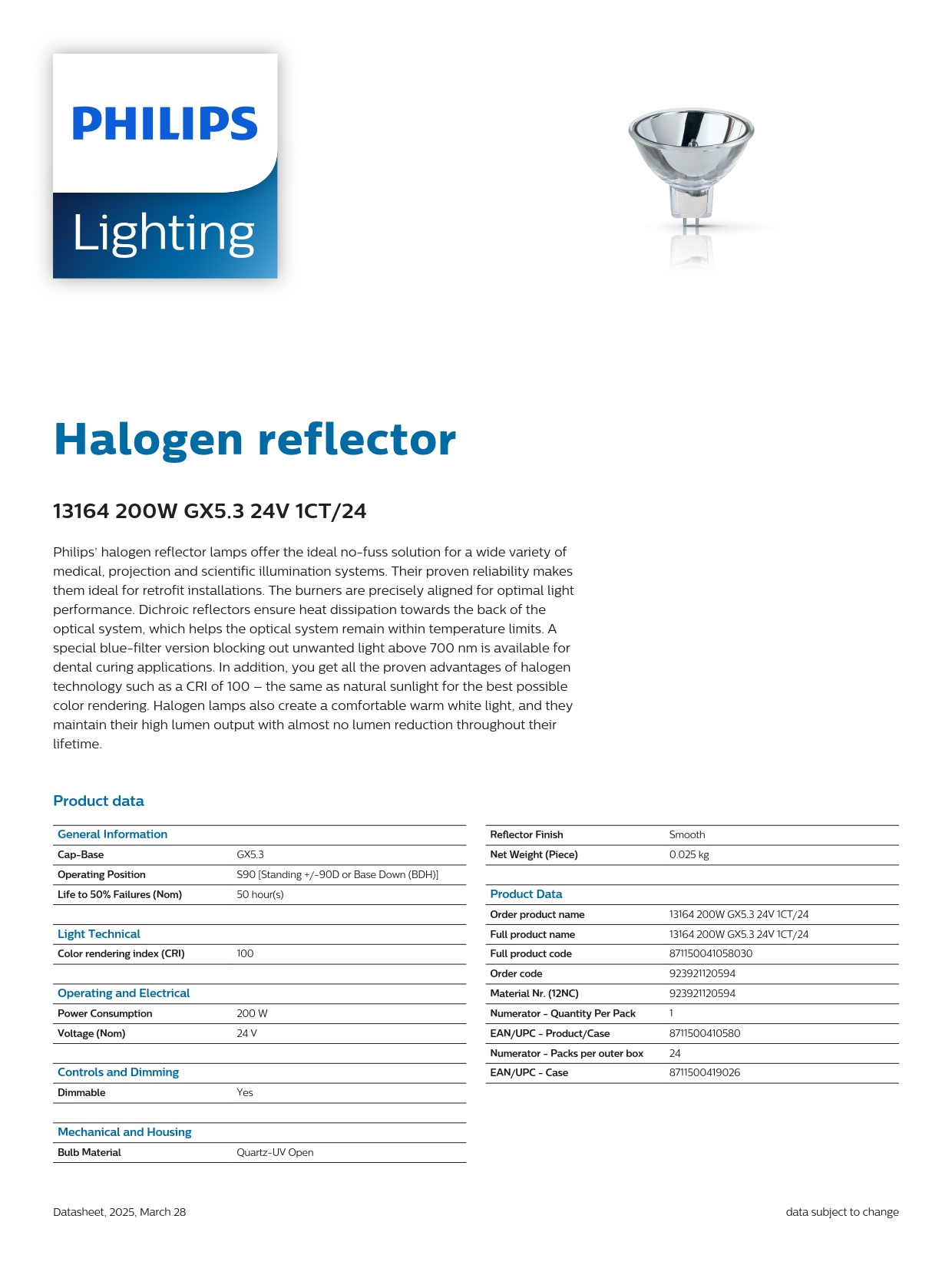 PHILIPS Halogen bulb 13164 200W GX5.3 24V 1CT/24 Projection bulb smooth cold light source microscope equipment lamp cup 923921120594