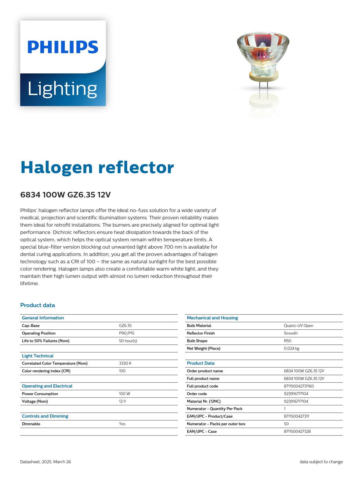 PHILIPS Halogen bulb 6834 100W GZ6.35 12V Endoscope lamp cup bulb instrument cup bulb 923916717104