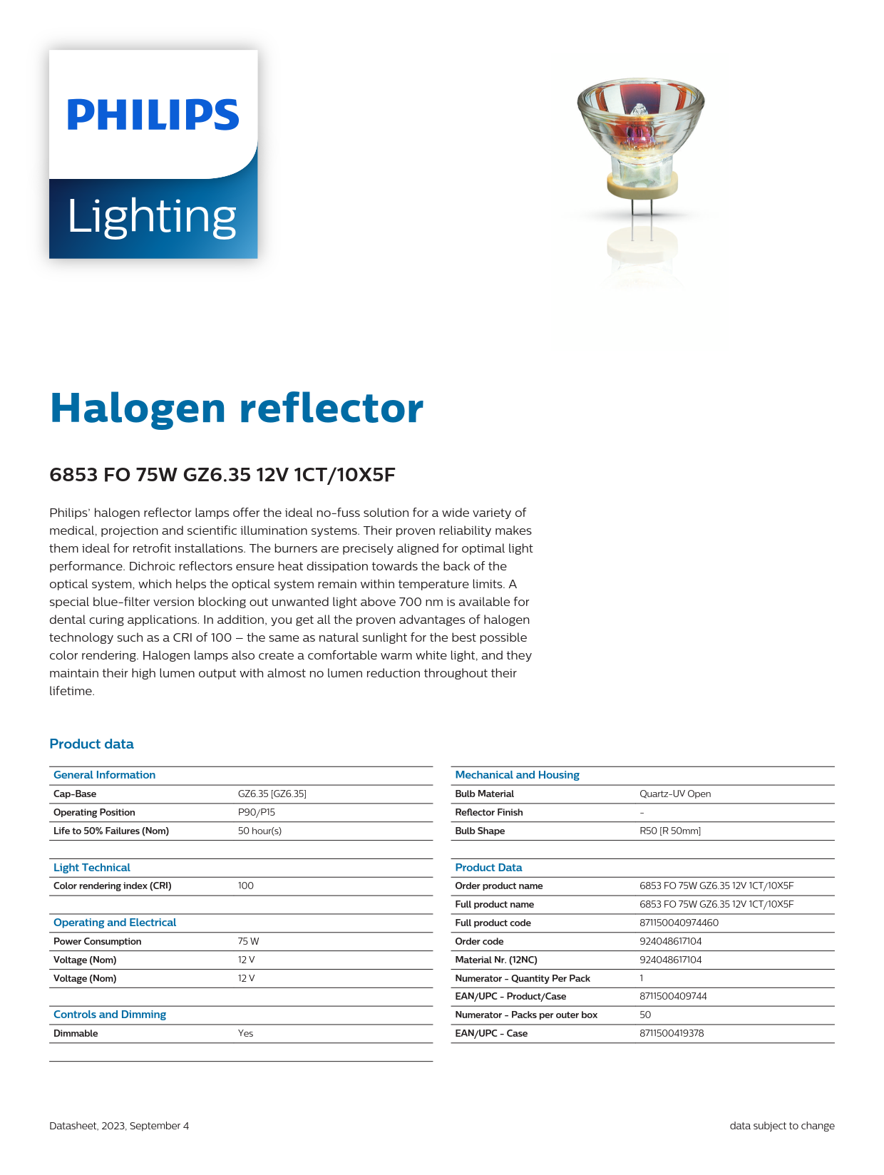 PHILIPS Halogen bulb 6853 FO 75W GZ6.35 12V 1CT/10X5F Microscope gastroscope lamp cup Optical instrument halogen bulb 924048617104