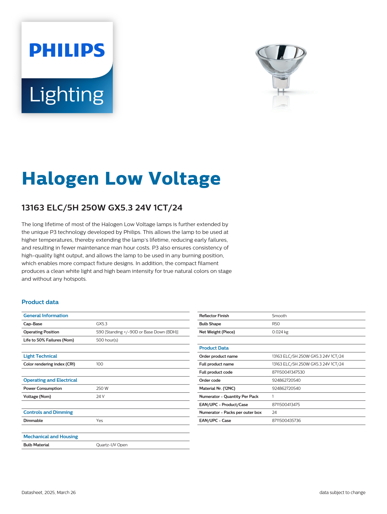 PHILIPS Halogen bulb 13163 ELC/5H 250W GX5.3 24V 1CT/24 Slide projector lamp projector lamp smooth endoscope lamp 924862720540