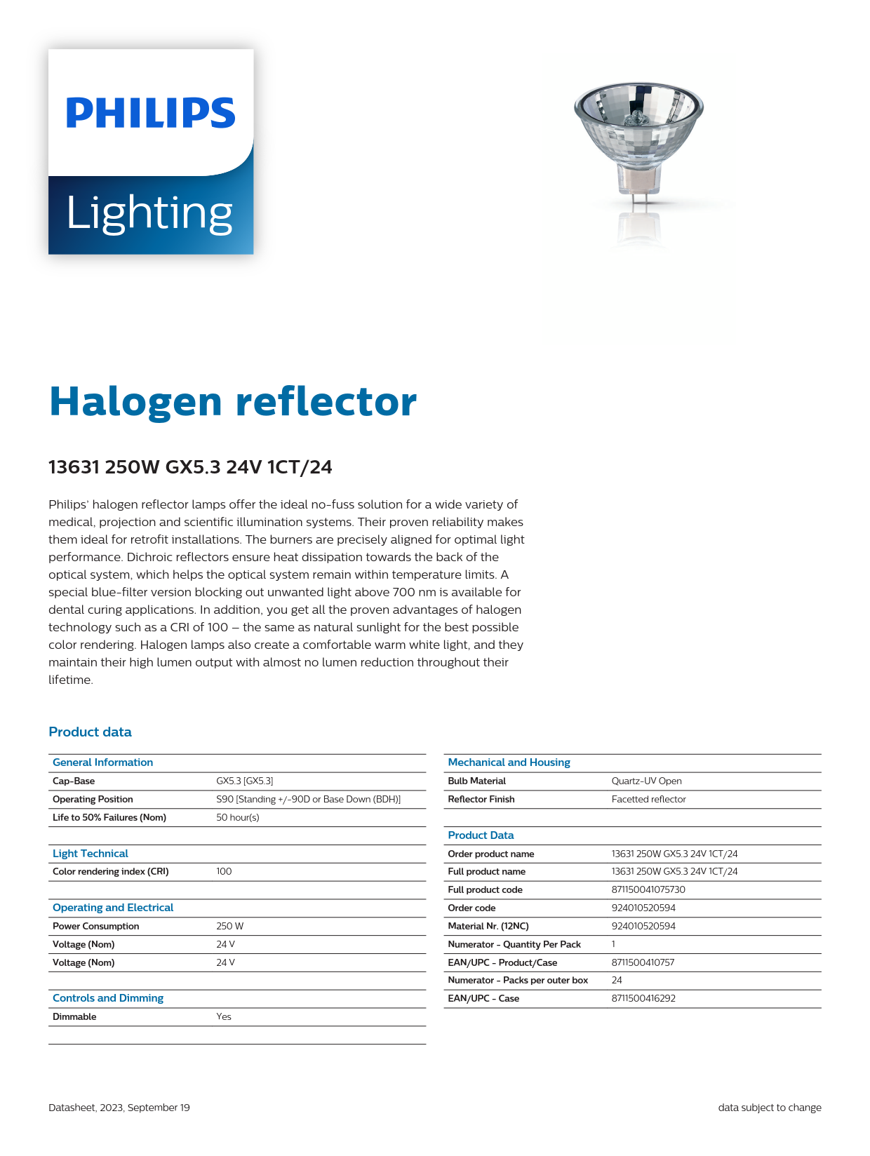 PHILIPS Halogen bulb 13631 250W GX5.3 24V 1CT/24 Endoscope lamp cup bulb instrument cup bulb 924010520594