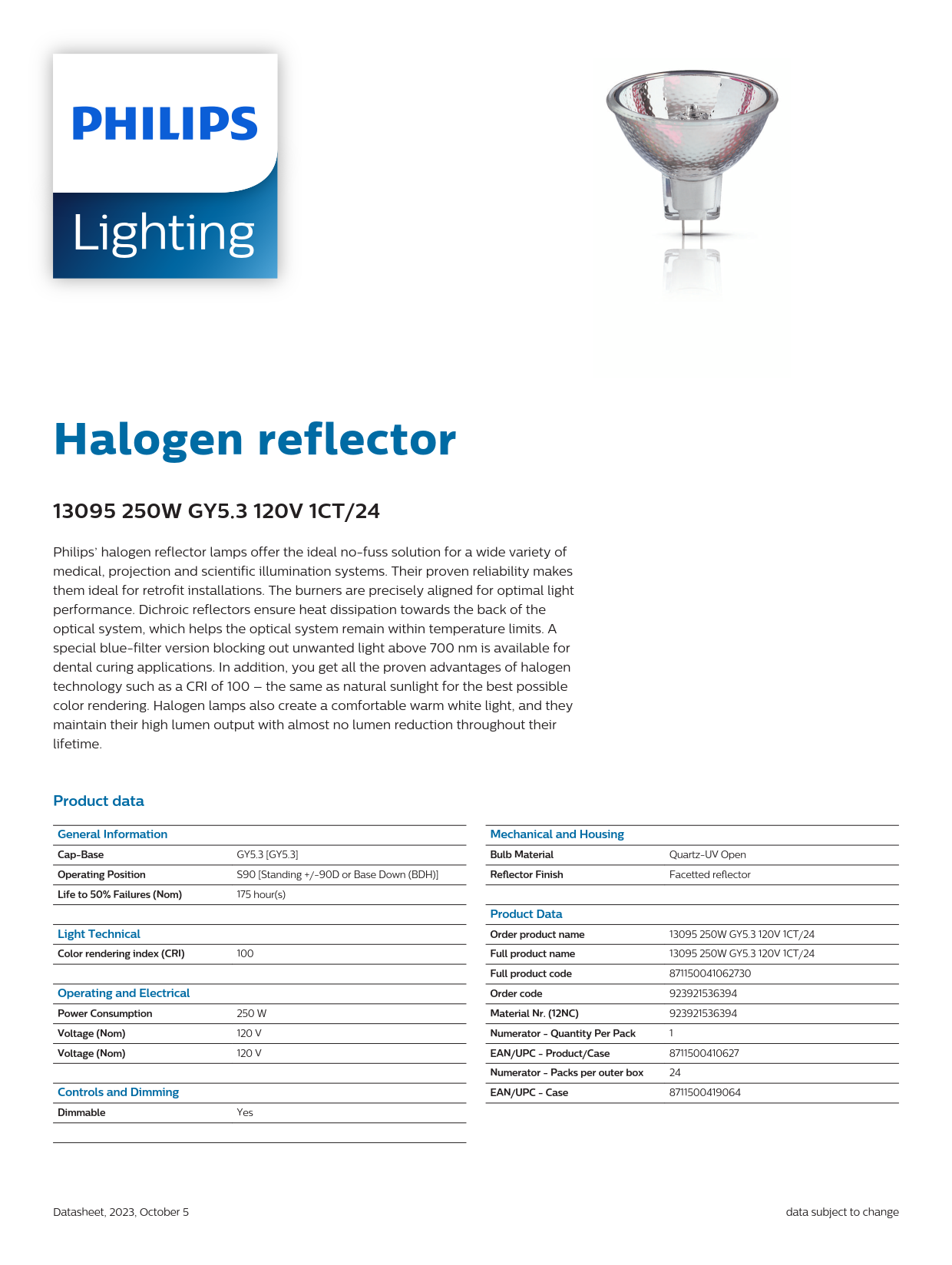 PHILIPS Halogen bulb 13095 250W GY5.3 120V 1CT/24 Color enlarger Medical teaching instrument Microscope light bulb 923921536394