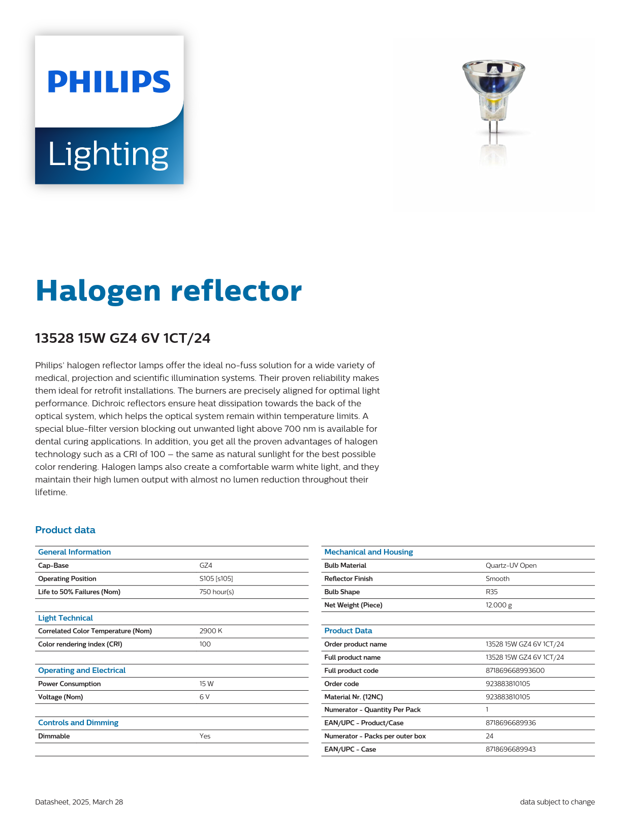 PHILIPS Halogen bulb 13528 13528 15W GZ4 6V 1CT/24 Endoscope Cold Light Source UV Curing Bulb 923883810105