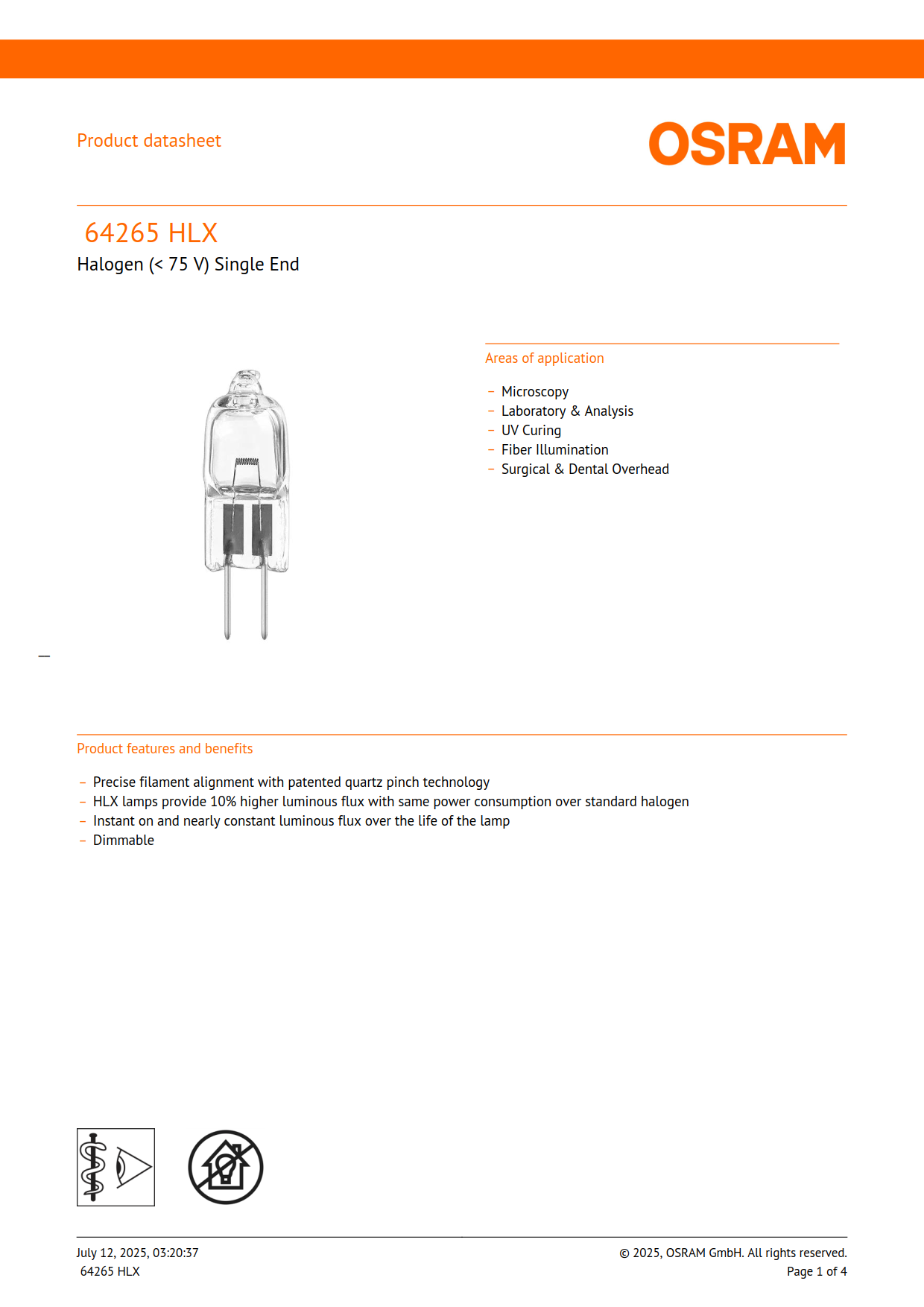 Osram Halogen bulb 64265 HLX 6V30W NEAD54606 Microscope Bulbs Optical Instrument Bulbs 4008321107053