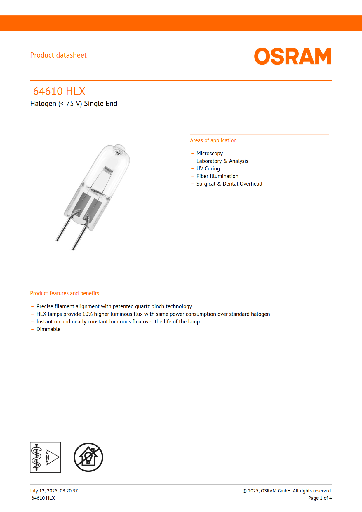 Osram Halogen bulb 64610 NAED 54249 50W 12V Slit microscope halogen bulbs Optical instrument bulbs 4050300006697