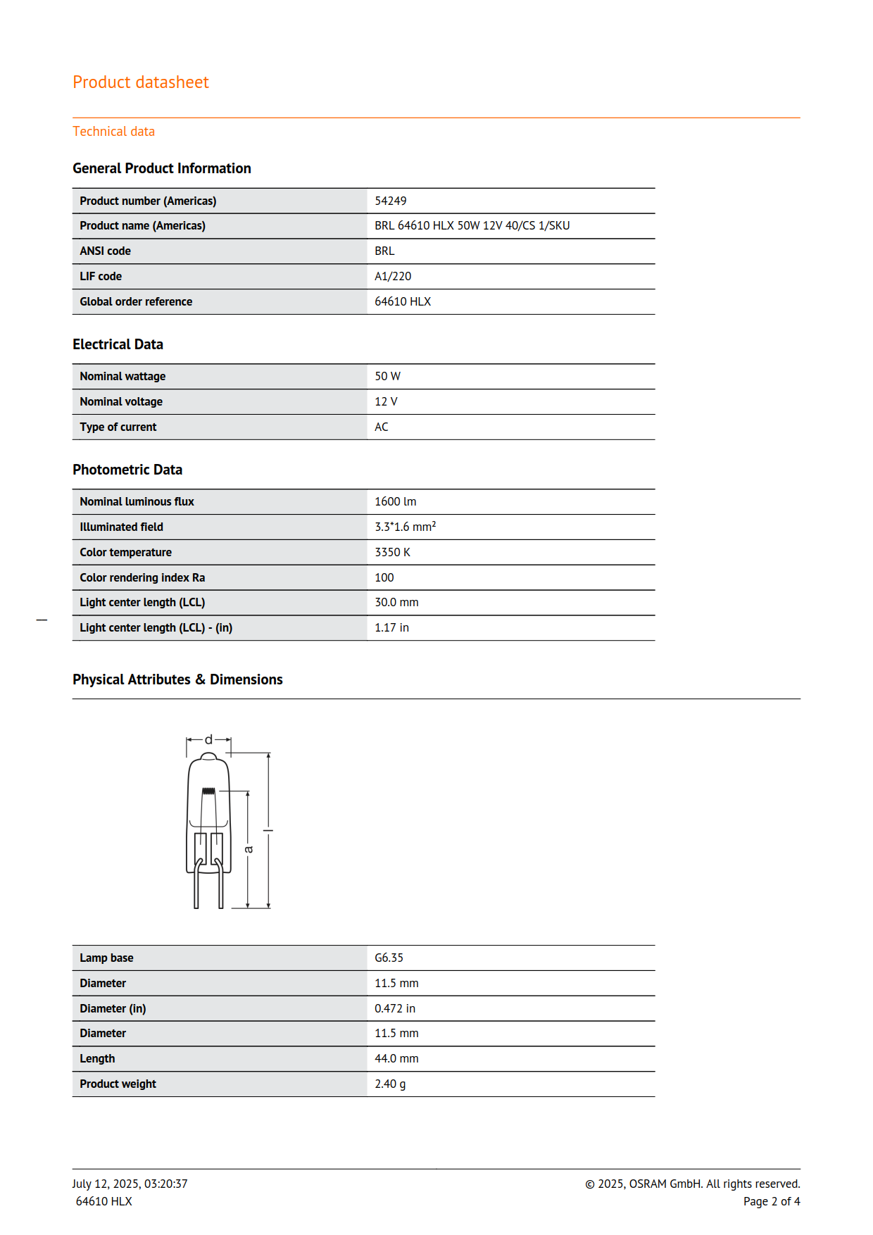 Osram Halogen bulb 64610 NAED 54249 50W 12V Slit microscope halogen bulbs Optical instrument bulbs 4050300006697