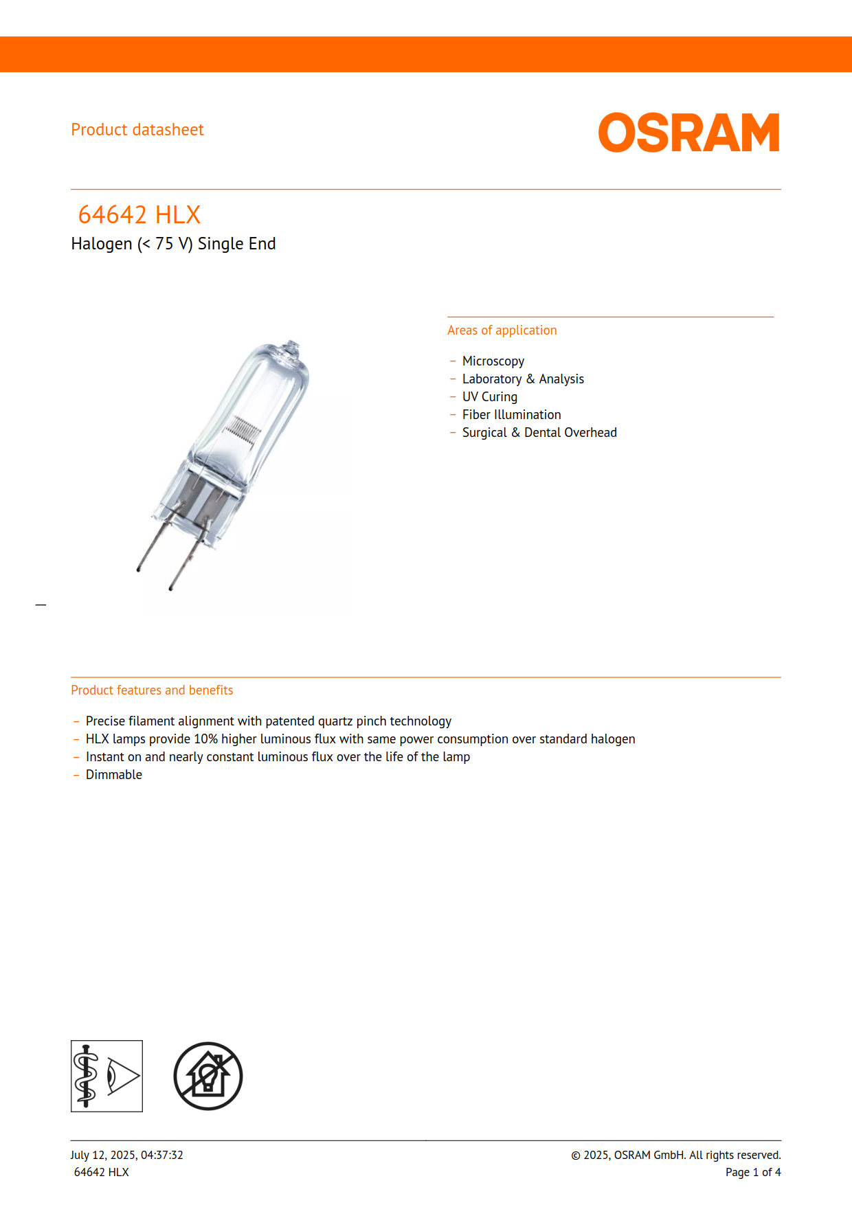 Osram Halogen bulb 64642 HLX 150W 24V NEAD54264 Surgical shadowless lamp bulb Projector microscope bulb 4050300012025