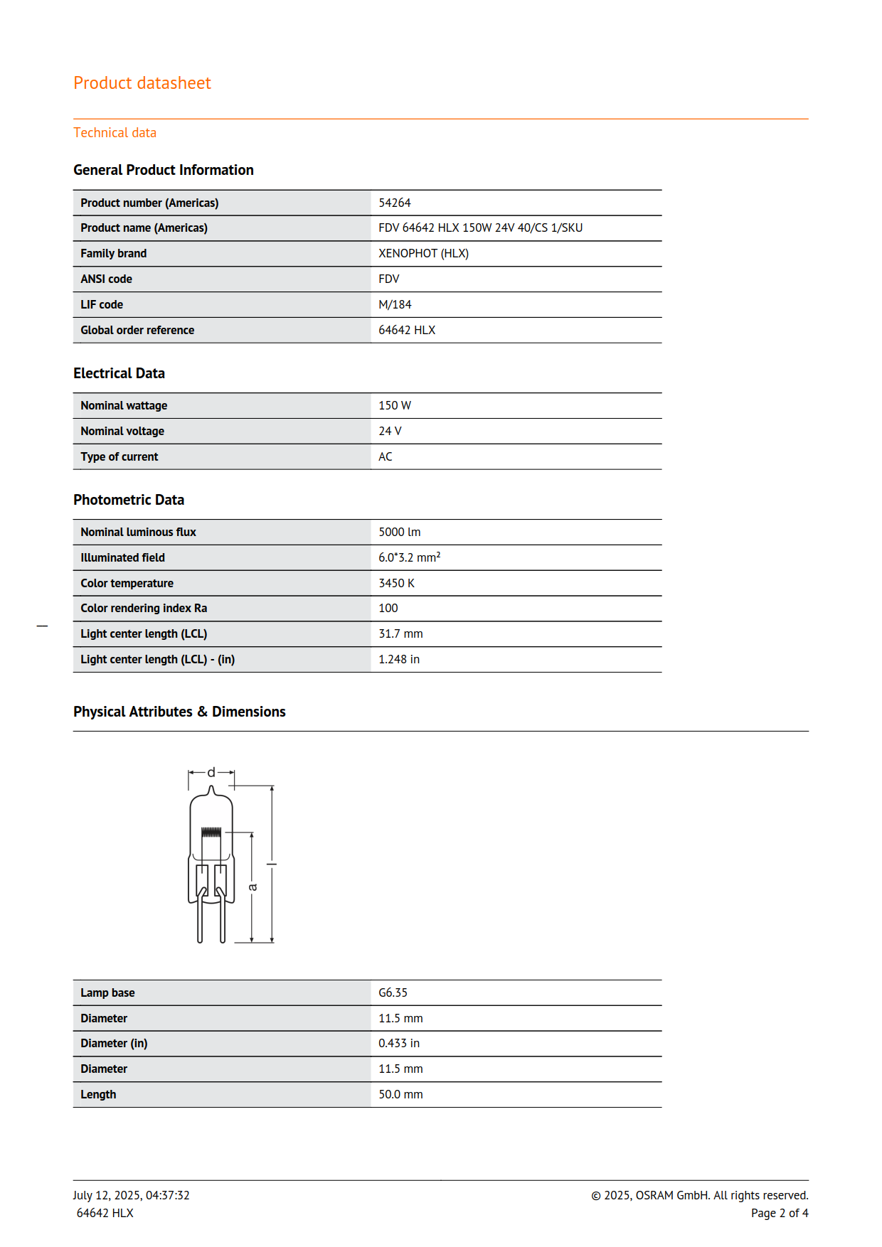 Osram Halogen bulb 64642 HLX 150W 24V NEAD54264 Surgical shadowless lamp bulb Projector microscope bulb 4050300012025