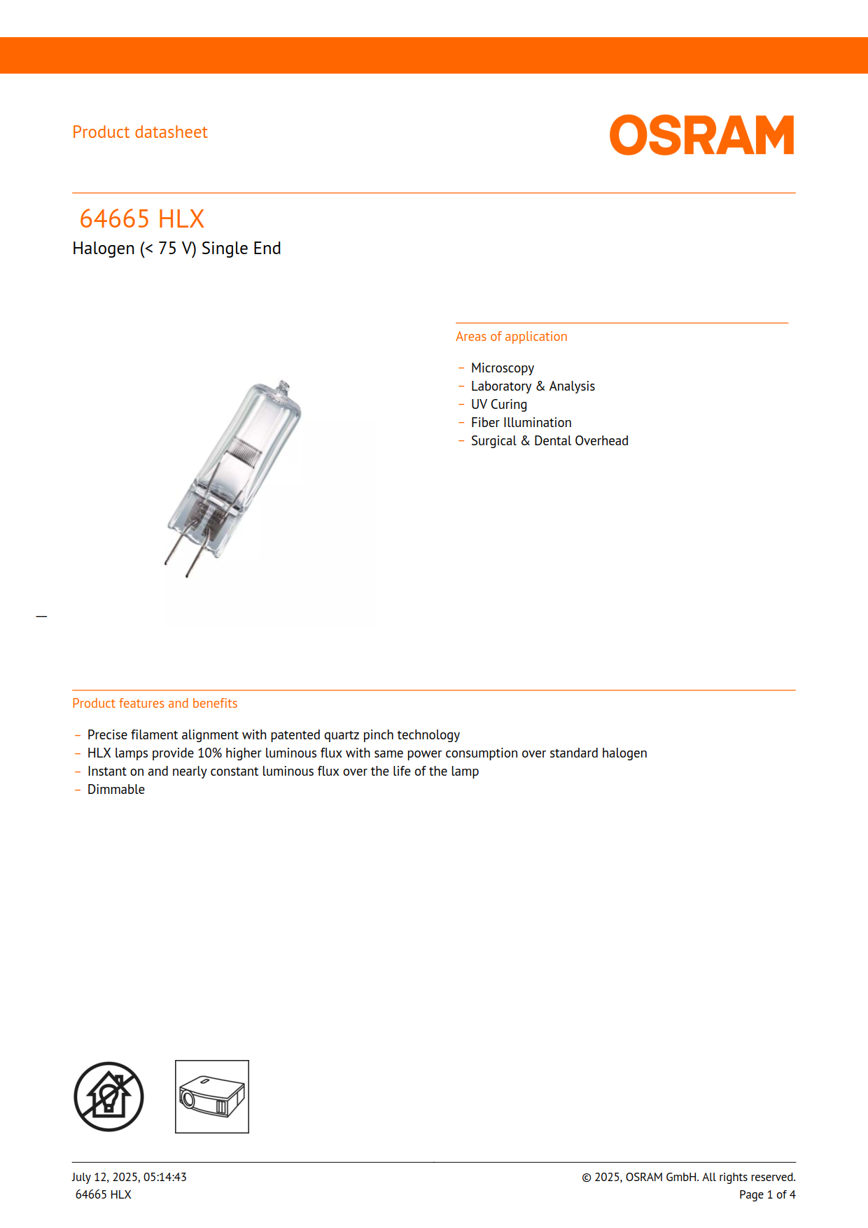 Osram Halogen bulb 64665 HLX  400W36V NEAD54274 head-steaming machine bulb Printing  dyeing light curing halogen bulb 4008321099761