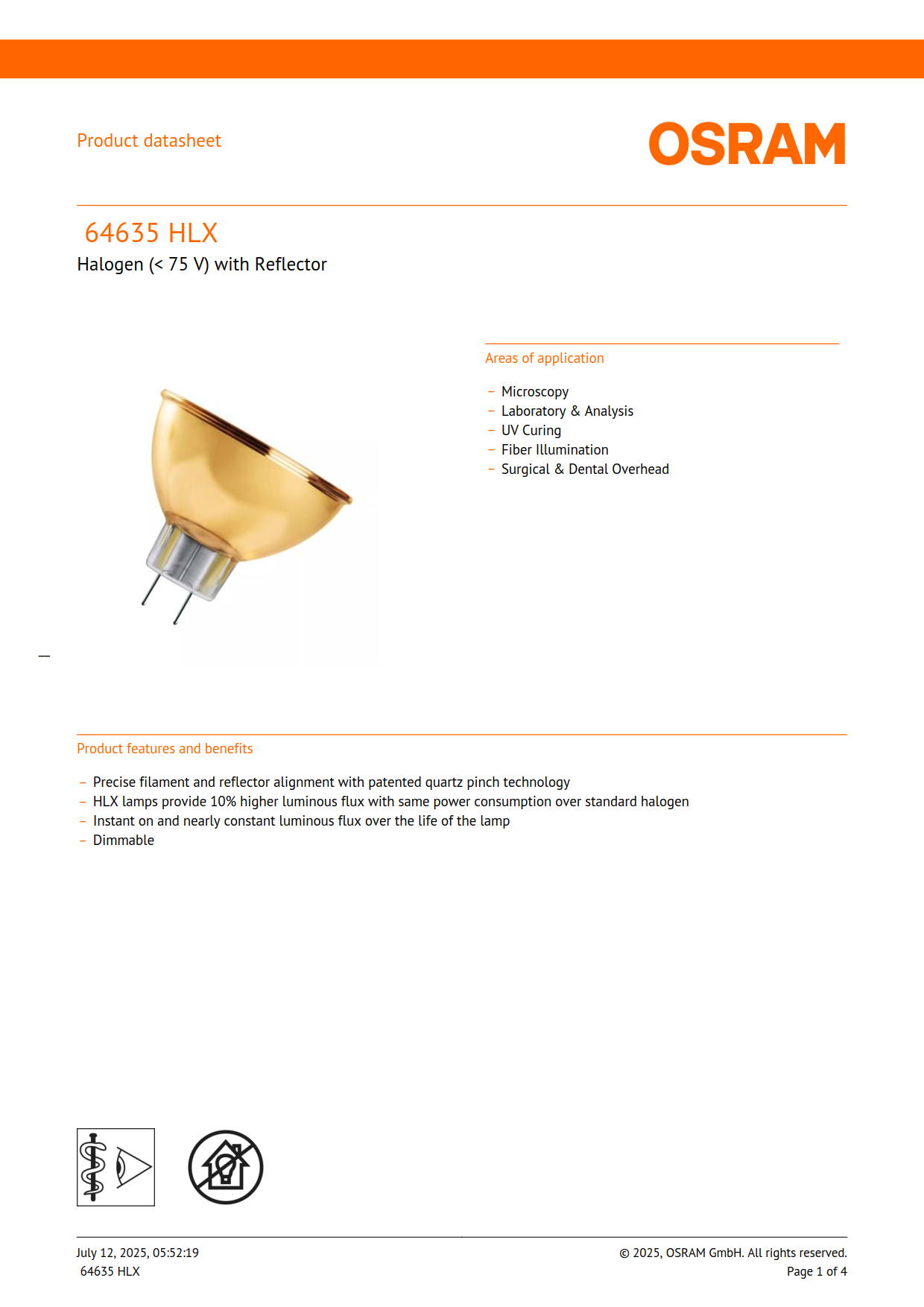 Osram Halogen bulb 64635 HLX 150W15V NAED54233 Gold-plated lamp cup infrared heating bulb Gastroscope microscope bulb 4050300238807