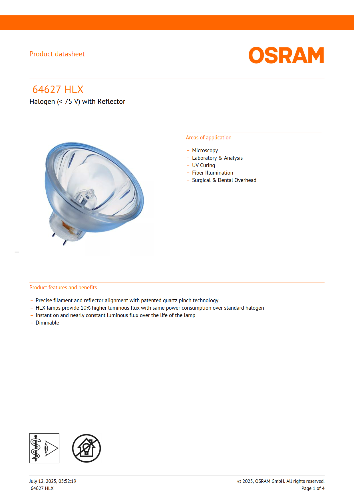 Osram Halogen bulb 64627 HLX 100W12V NAED54223 Endoscope fiber optic cold light source halogen bulb 4050300006802