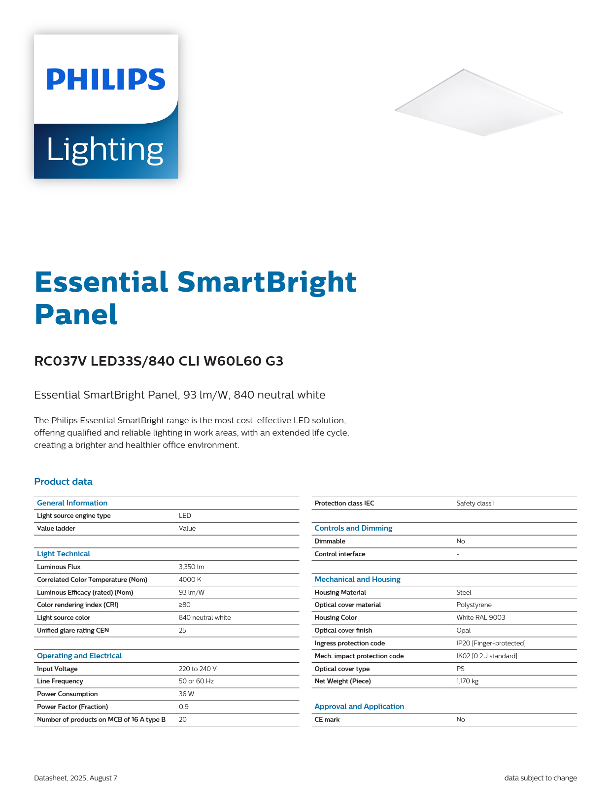 PHILIPS LED Panel Light RC037V LED33S/840 CLI W60L60 G3 911401876187