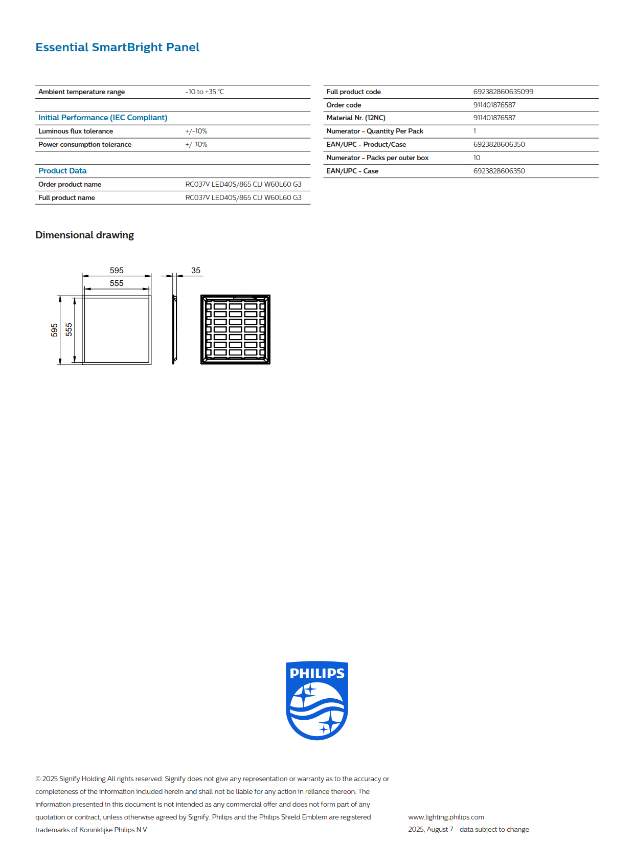 PHILIPS LED Panel Light RC037V LED40S/865 CLI W60L60 G3 911401876587