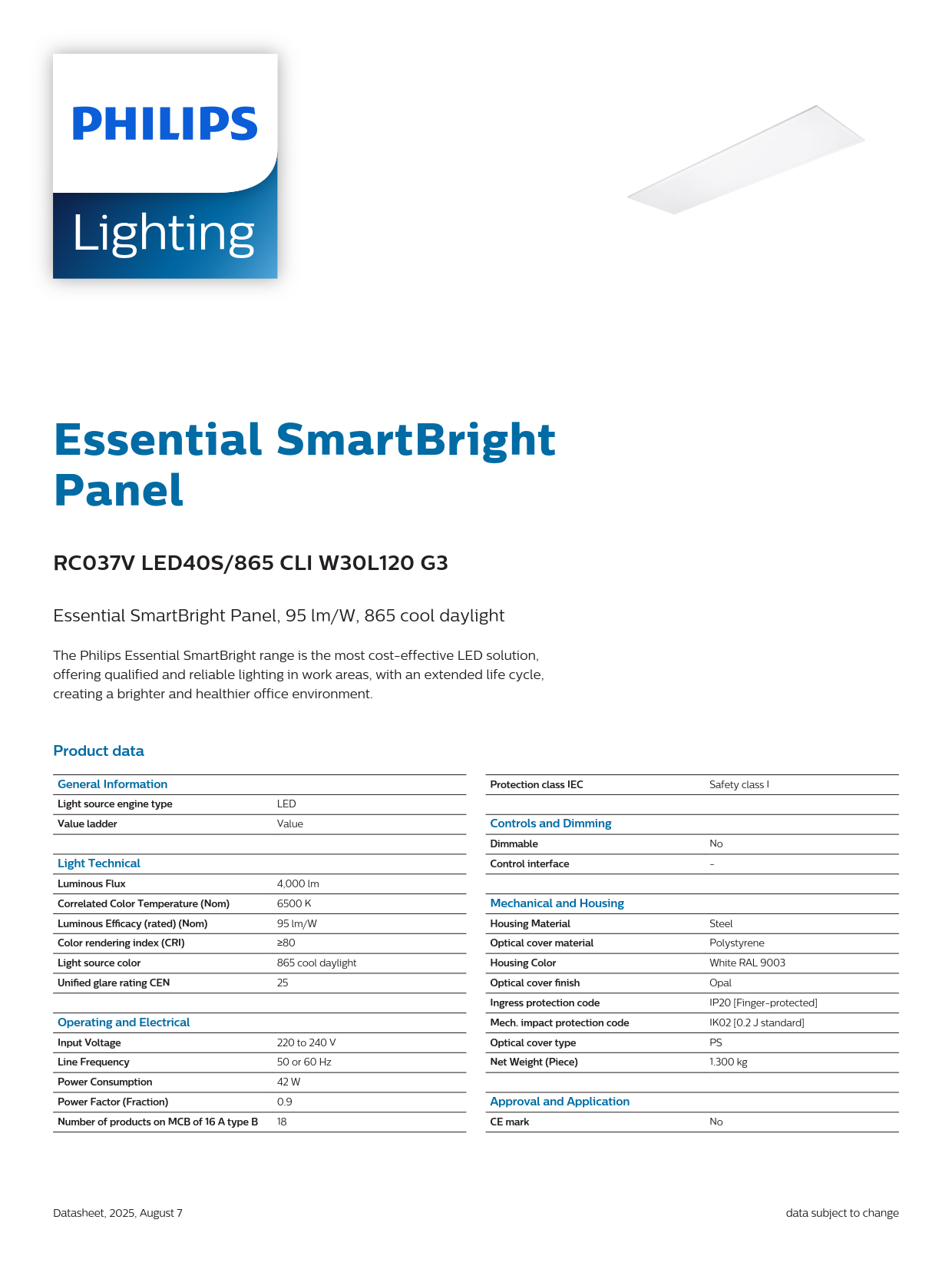 PHILIPS LED panel light RC037V LED40S/865 CLI W30L120 G3 911401878787