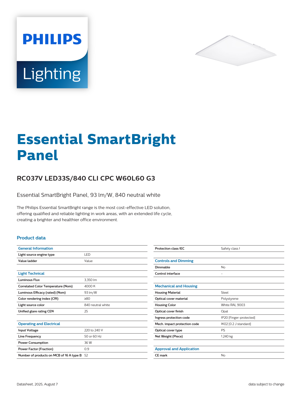 PHILIPS LED Panel Light RC037V LED33S/840 CLI CPC W60L60 G3 911401876787