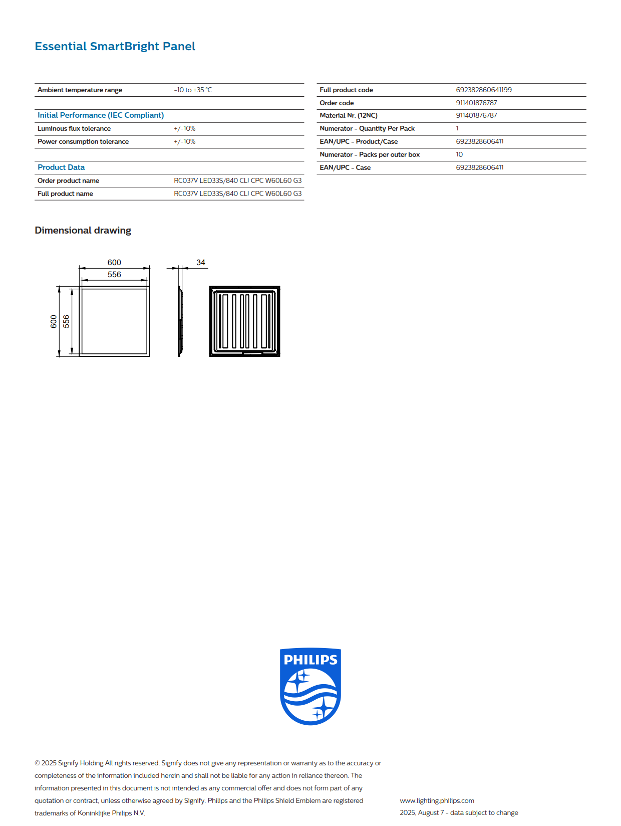 PHILIPS LED Panel Light RC037V LED33S/840 CLI CPC W60L60 G3 911401876787
