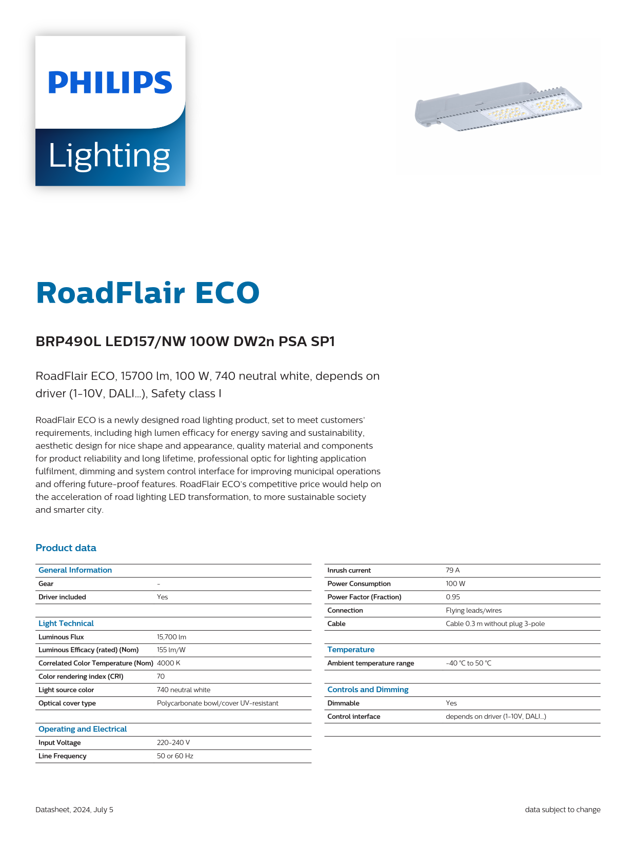 PHILIPS LED Street Light BRP490L LED157/NW 100W DW2n PSA SP1 911401647309