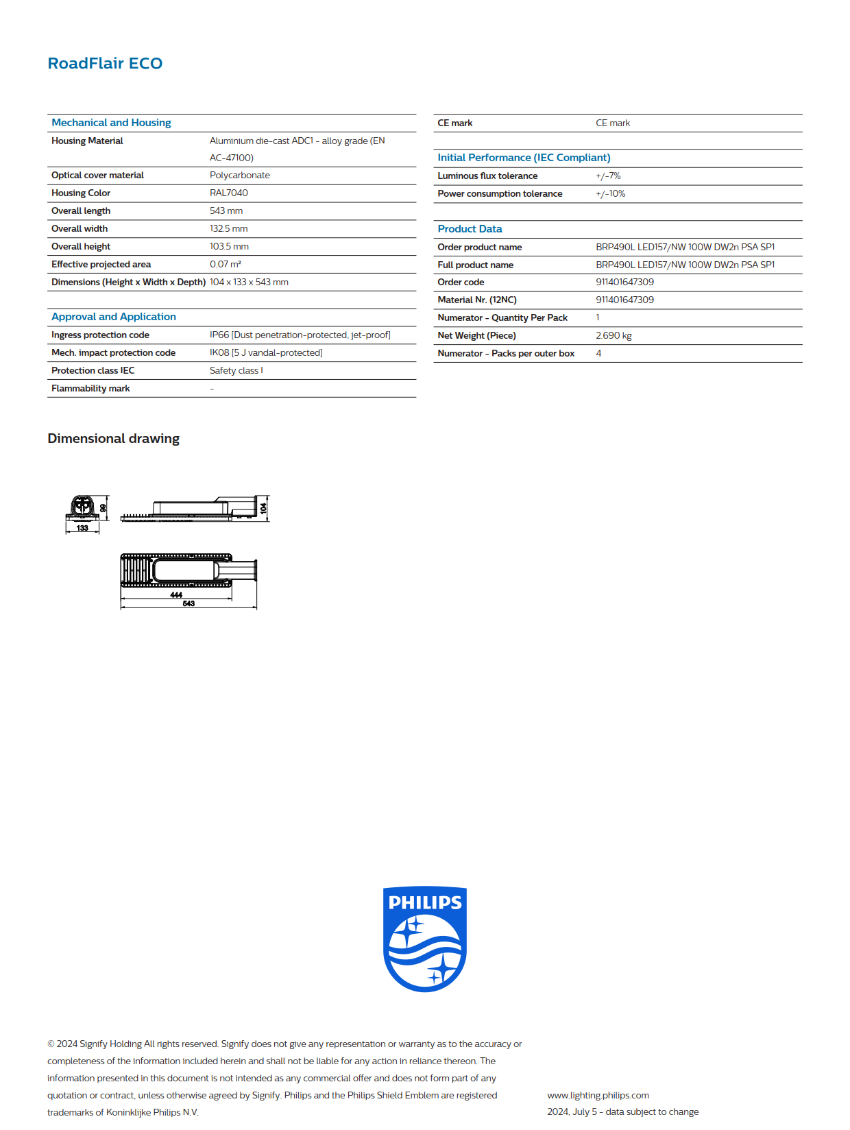 PHILIPS LED Street Light BRP490L LED157/NW 100W DW2n PSA SP1 911401647309