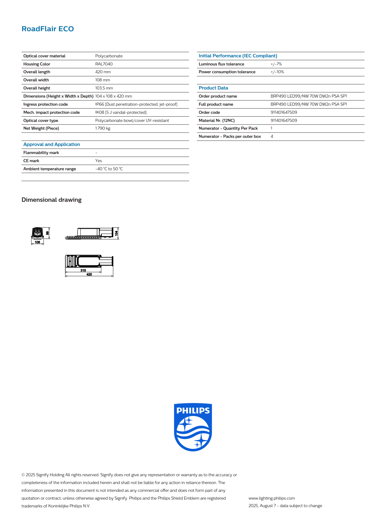 PHILIPS LED Street Light BRP490 LED99/NW 70W DW2n PSA SP1 911401647509