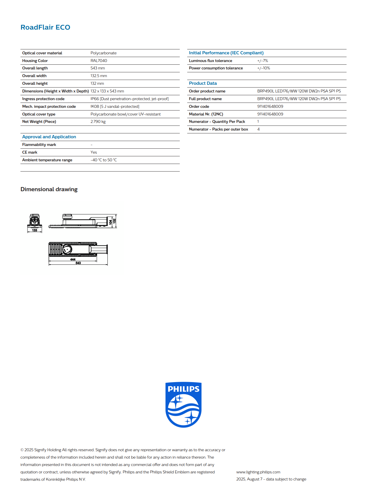 PHILIPS LED Street Light BRP490L LED176/WW 120W DW2n PSA SP1 911401648009
