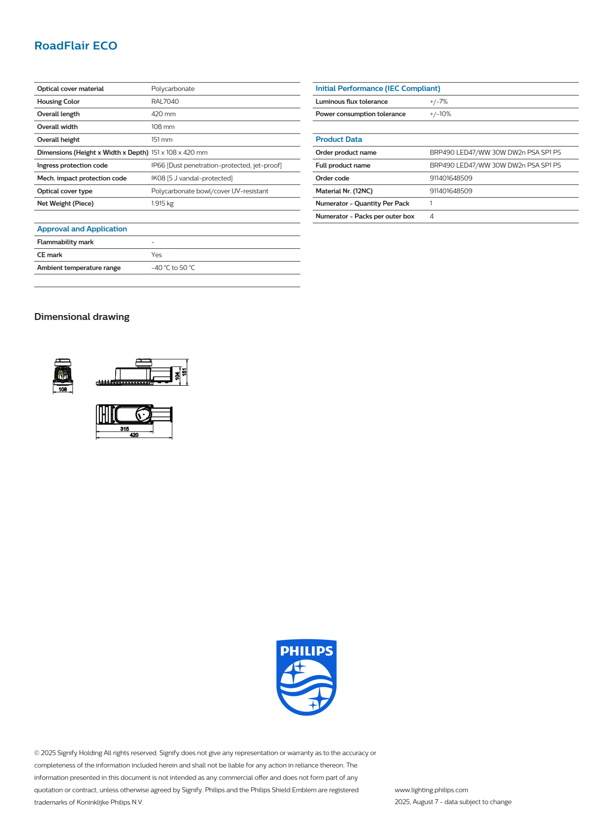 PHILIPS LED Street Light BRP490 LED87/WW 60W DW2n PSA SP1 911401648509