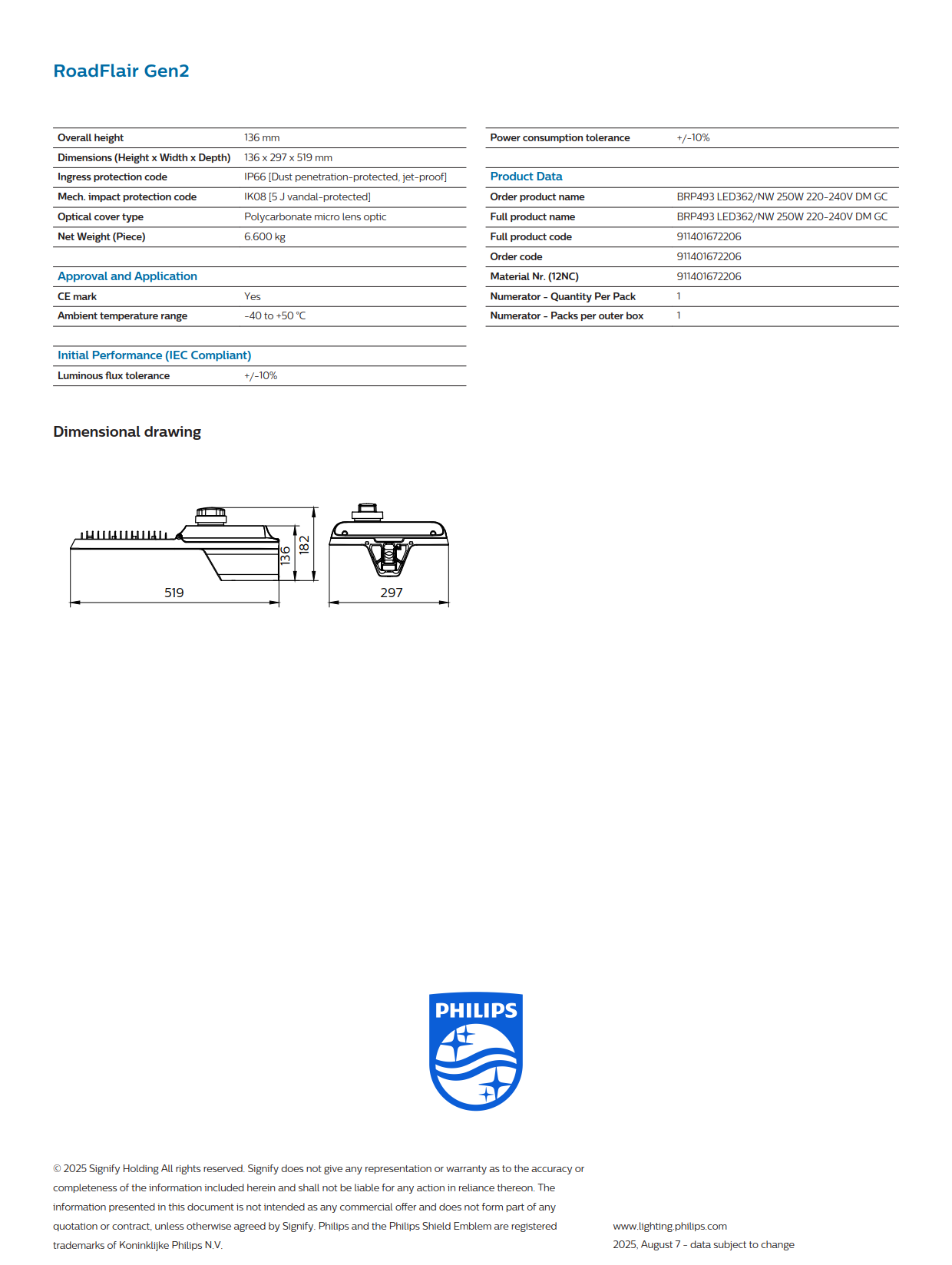 PHILIPS LED Street Light BRP493 LED362/NW 250W 220-240V DM GC 911401672206