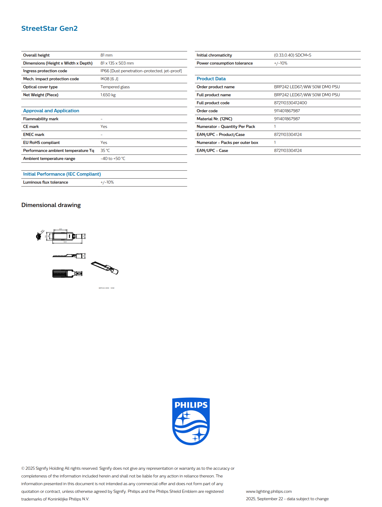 PHILIPS LED Street Light BRP242 LED67/WW 50W DM0 PSU 50W 911401867987