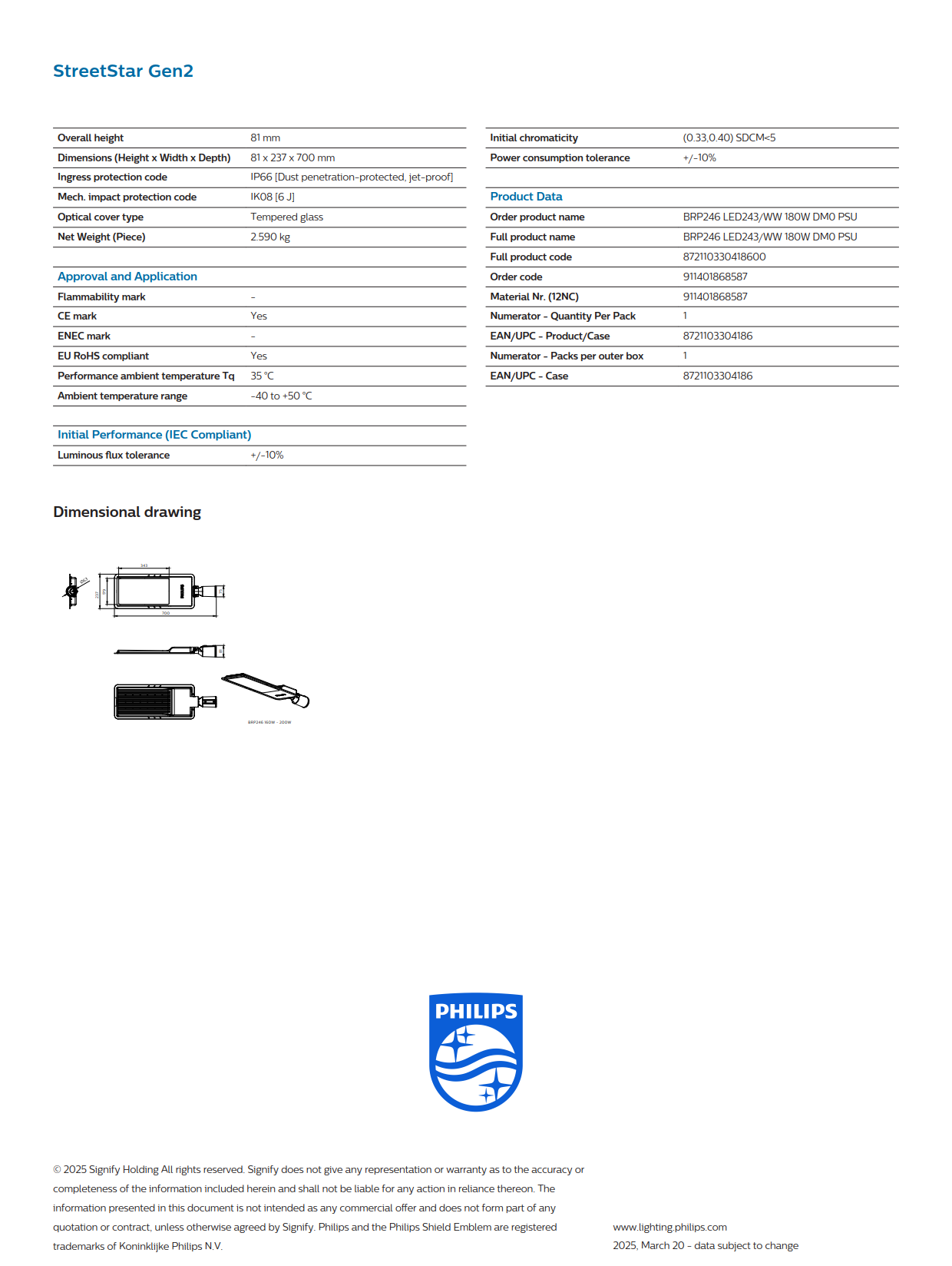 PHILIPS LED Street Light BRP246 LED243/WW 180W DM0 PSU 180W 911401868587