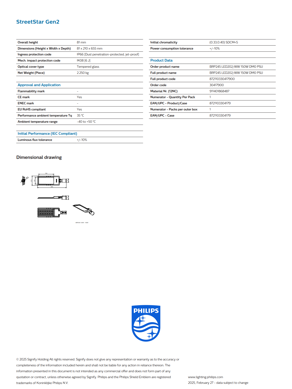 PHILIPS LED Street Light BRP245 LED202/WW 150W DM0 PSU 150W 911401868487