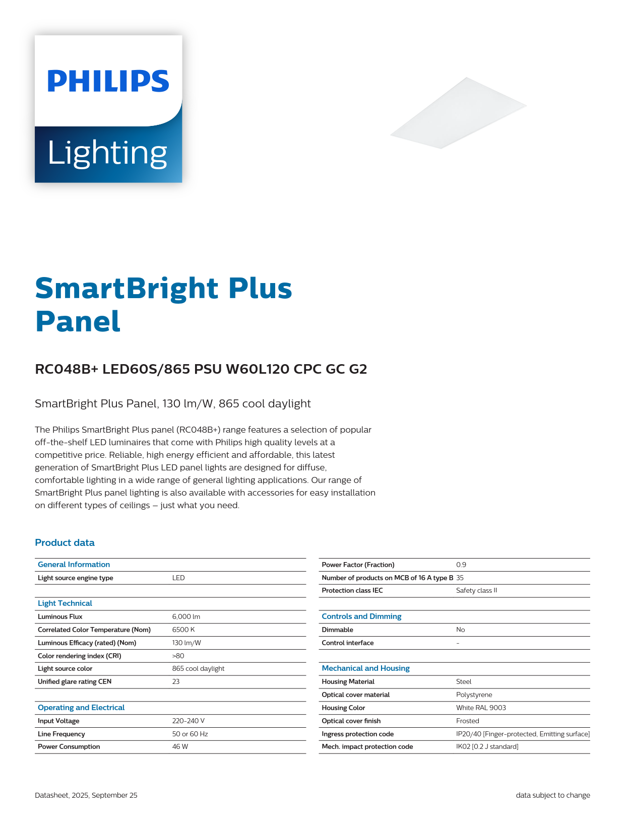 PHILIPS LED Panel Light RC048B  LED60S/865 PSU W60L120 CPC GC G2 911401887987 PHILIPS LED Panel Light RC048B  LED60S/865 PSU W60L120 CPC GC G2 911401887987