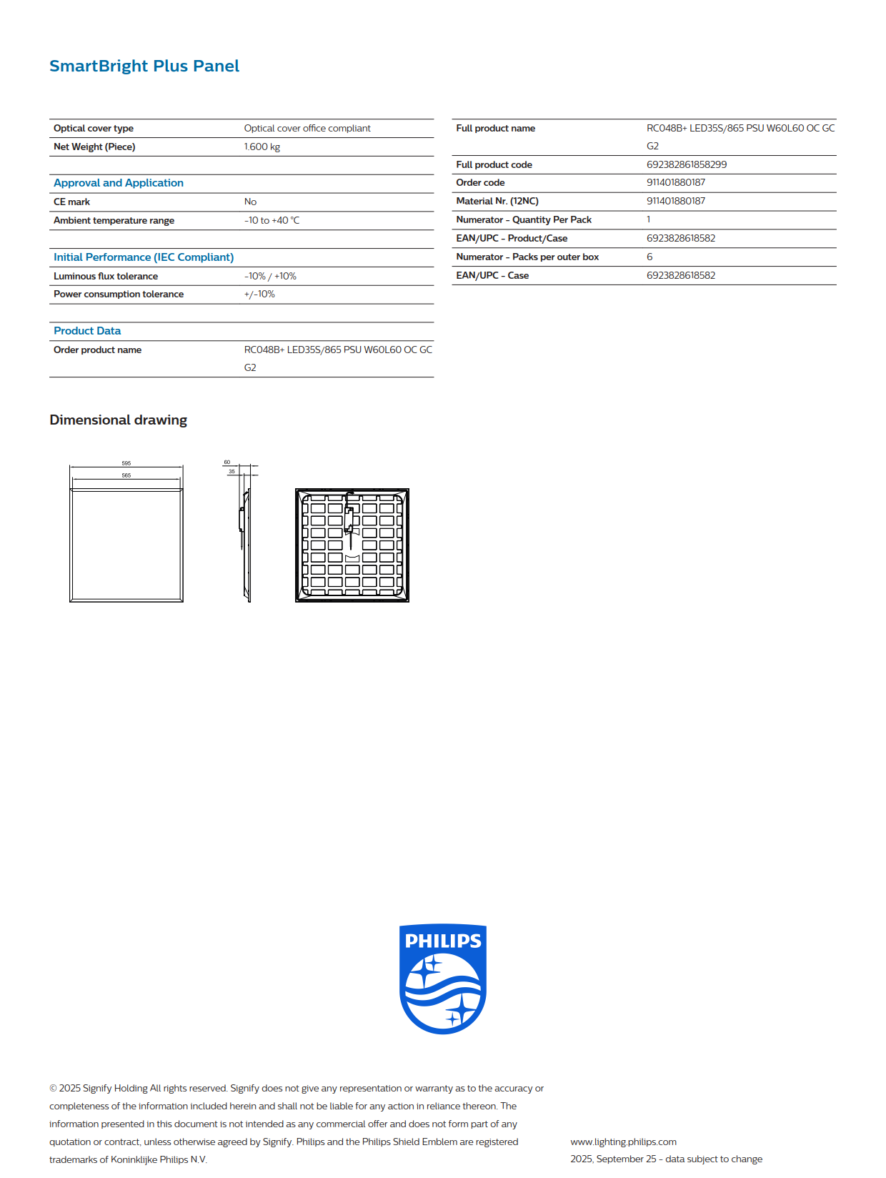 PHILIPS LED Panel Light RC048B  LED35S/865 PSU W60L60 OC GC G2 911401880187 PHILIPS LED Panel Light RC048B  LED35S/865 PSU W60L60 OC GC G2 911401880187