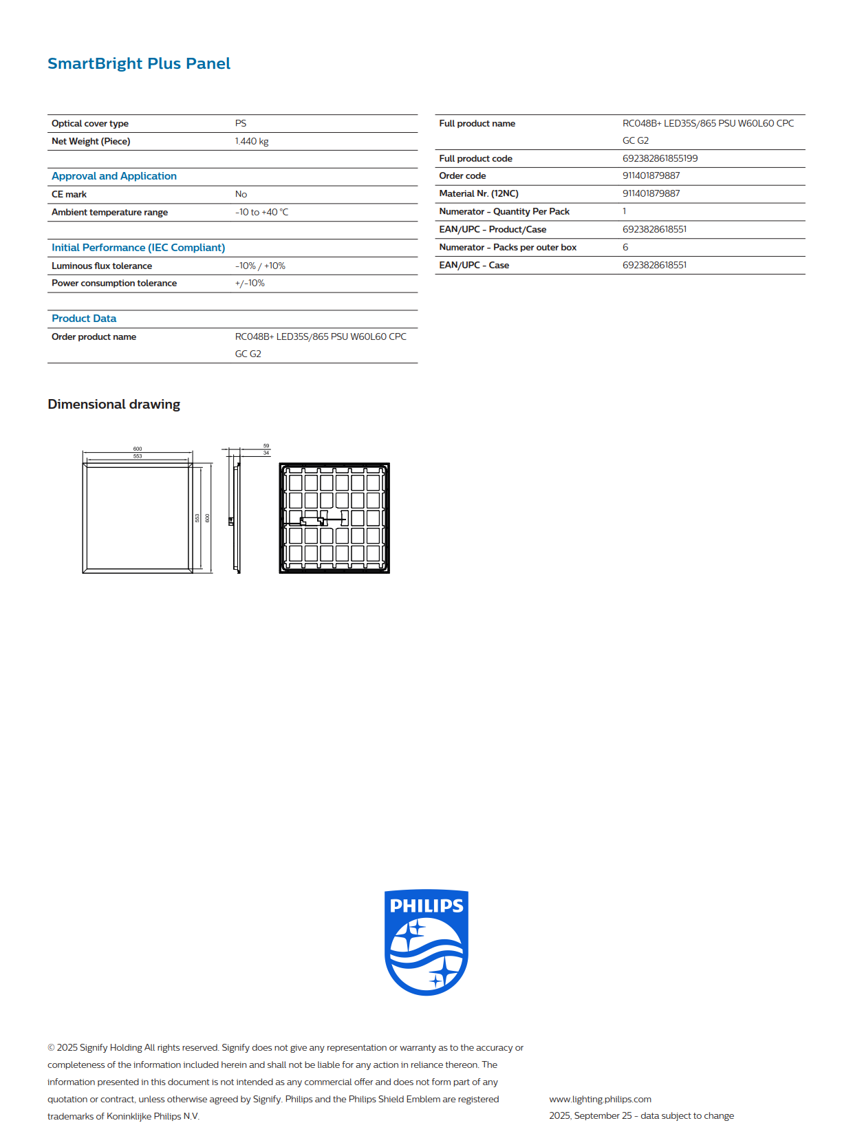 PHILIPS LED Panel Light RC048B  LED35S/840 PSU 6060 CPC OC GC G2 911401887487 PHILIPS LED Panel Light RC048B  LED35S/840 PSU 6060 CPC OC GC G2 911401887487