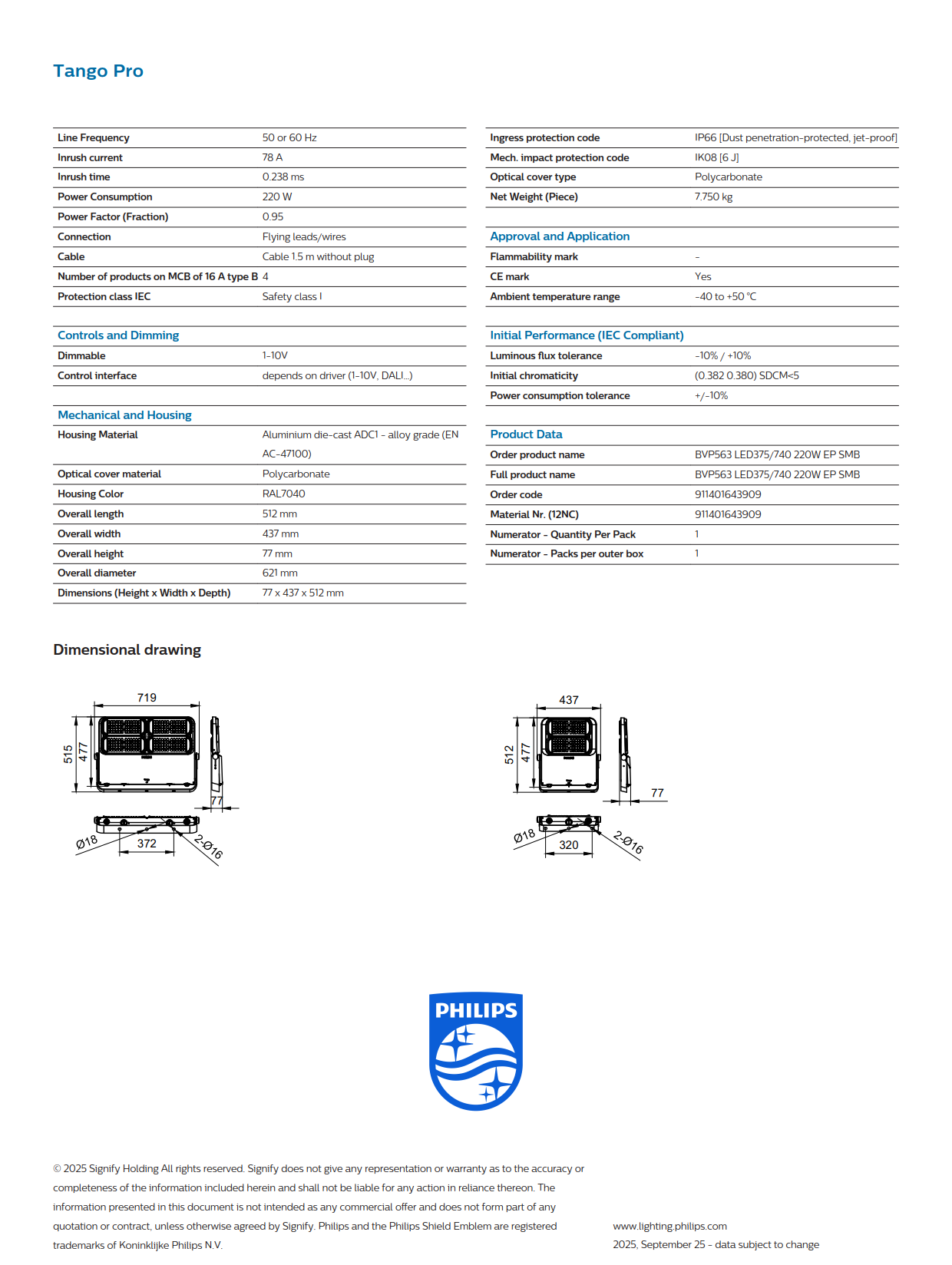 PHILIPS LED Flood Light BVP563 LED375/740 220W EP SMB 911401643909 PHILIPS LED Flood Light BVP563 LED375/740 220W EP SMB 911401643909